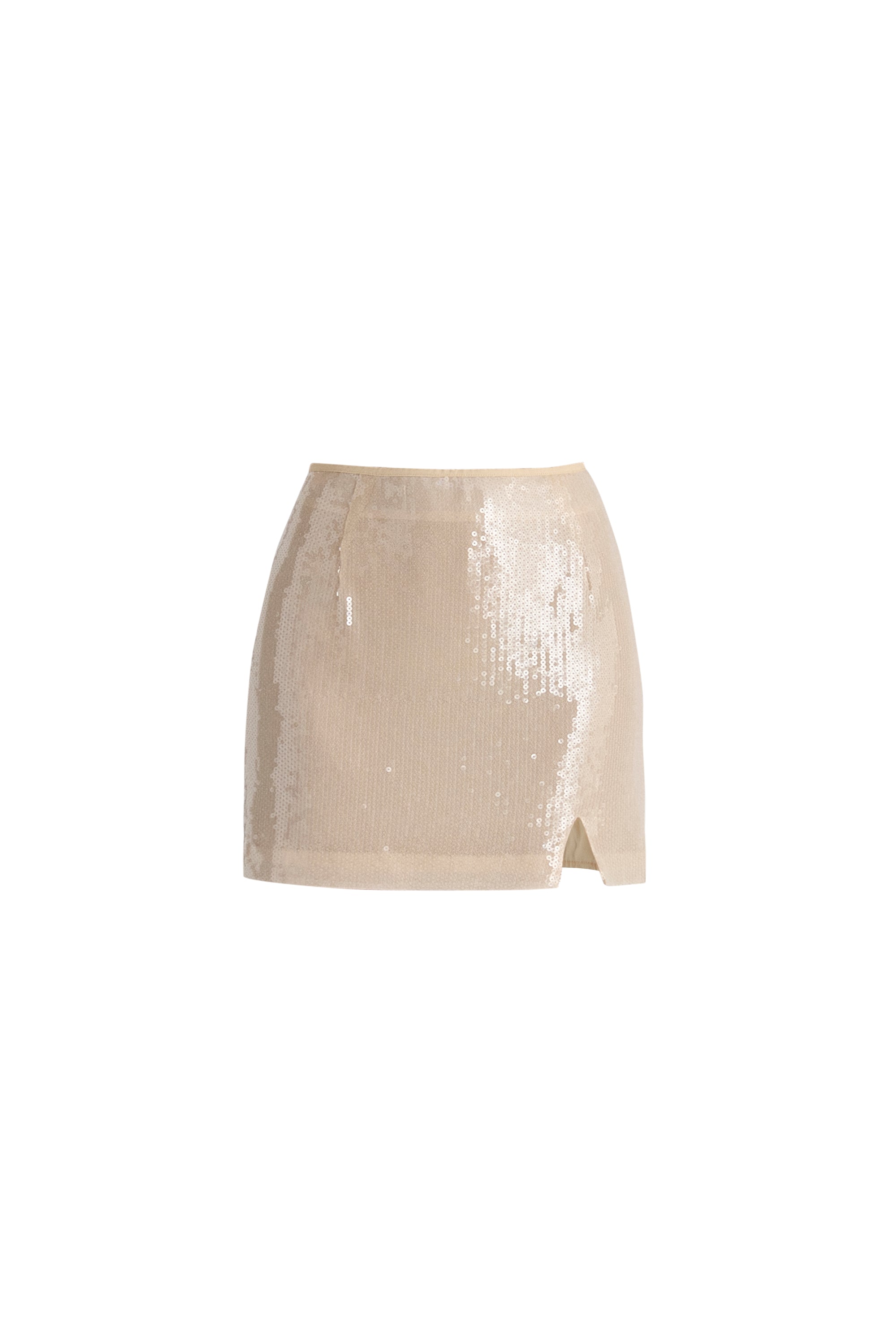 Sequin Mini Skirt with Slit in Cream Cut Out