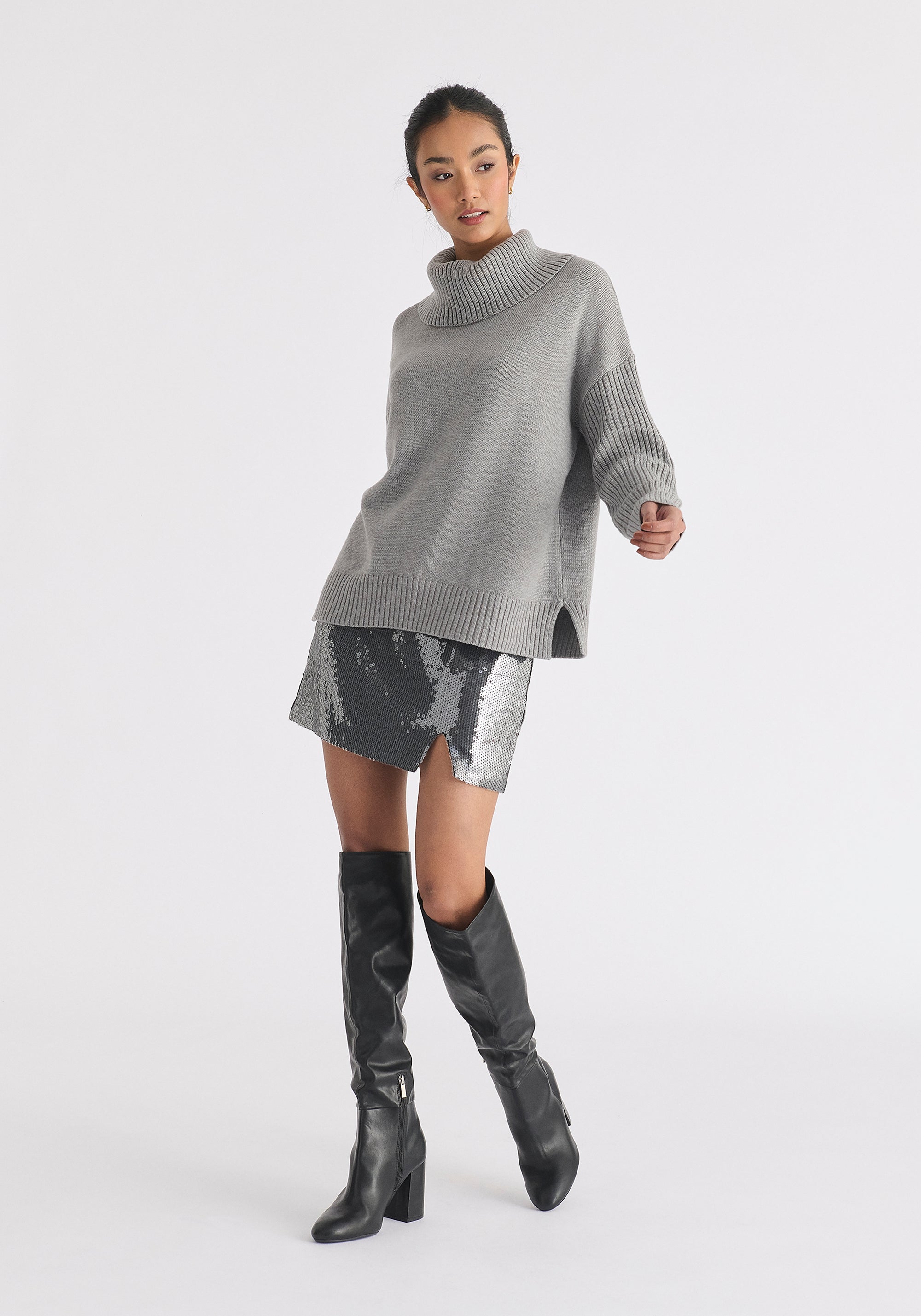 Sequin Mini Skirt with Slit in Black