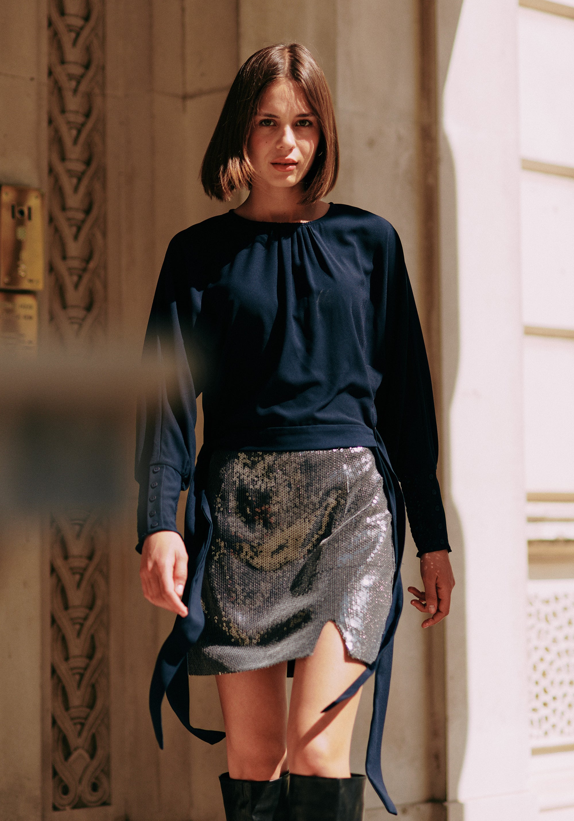Sequin Mini Skirt with Slit in Grey Silver