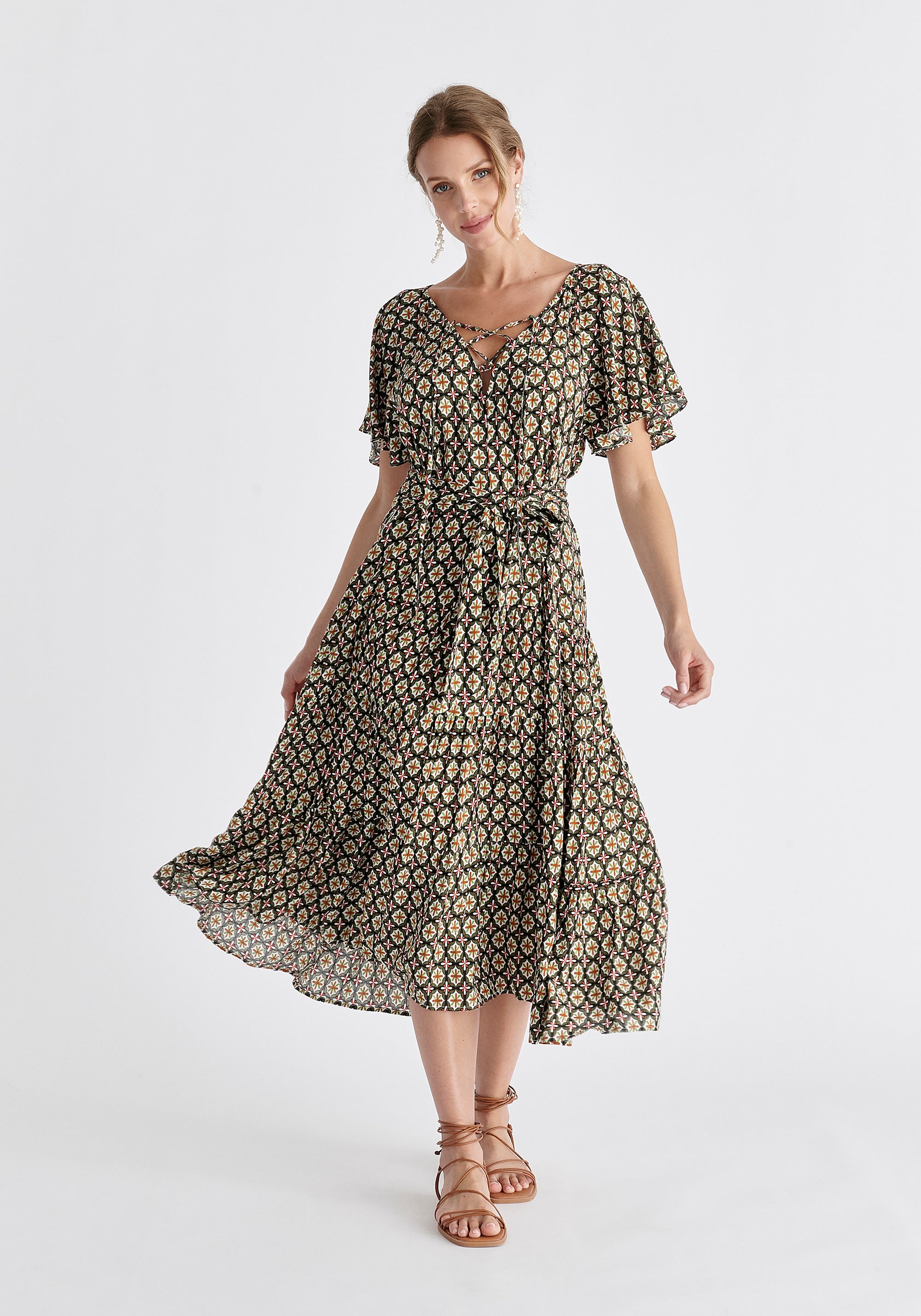 Tiered Boho Dress in Green, Red, White and Orange