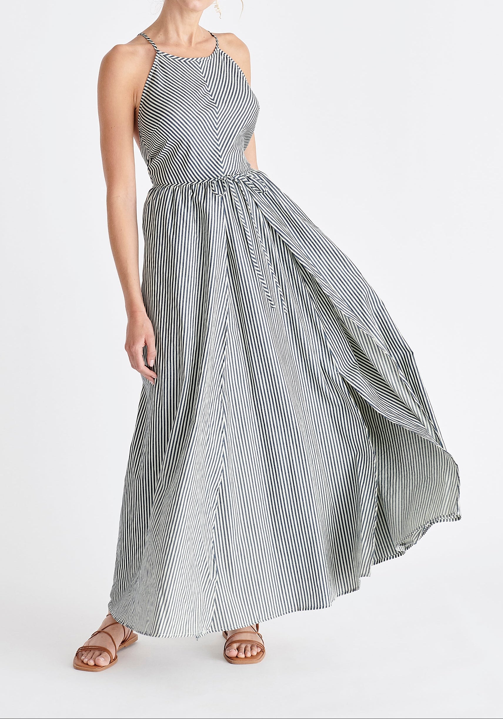 Open Back Maxi Dress in Navy and White