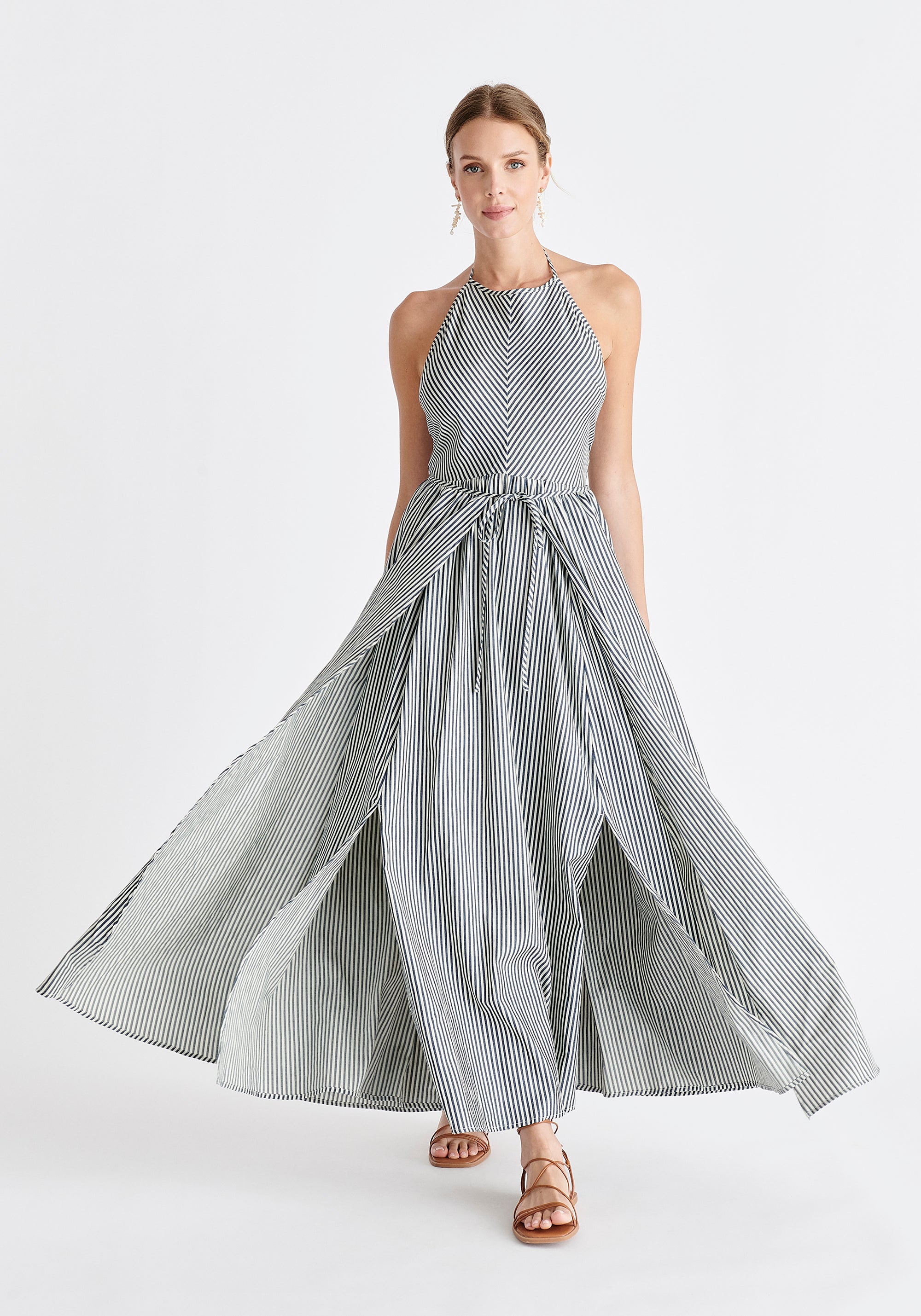 Open Back Maxi Dress in Navy and White