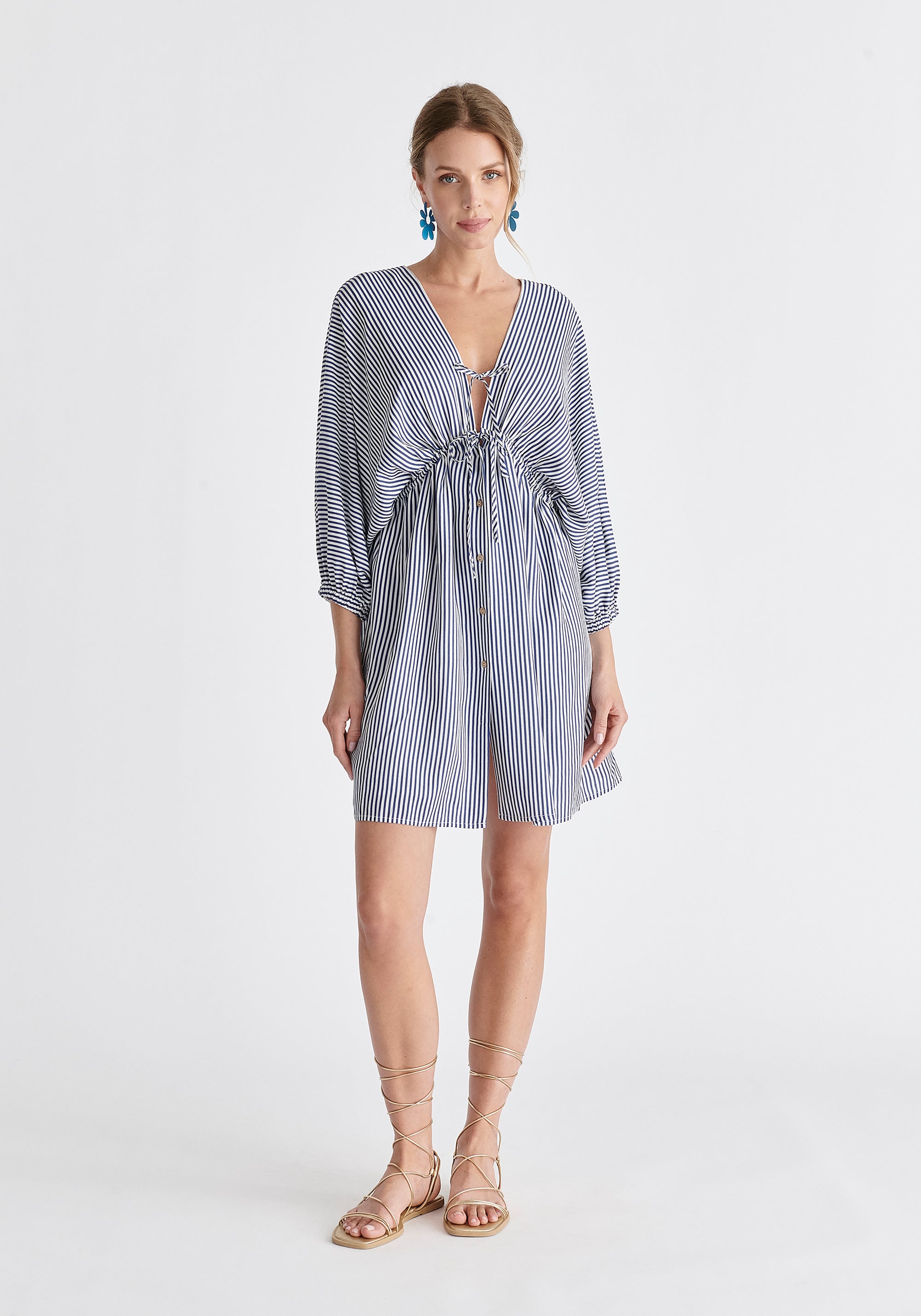 V-Neck Balloon Sleeve Dress in Blue and White