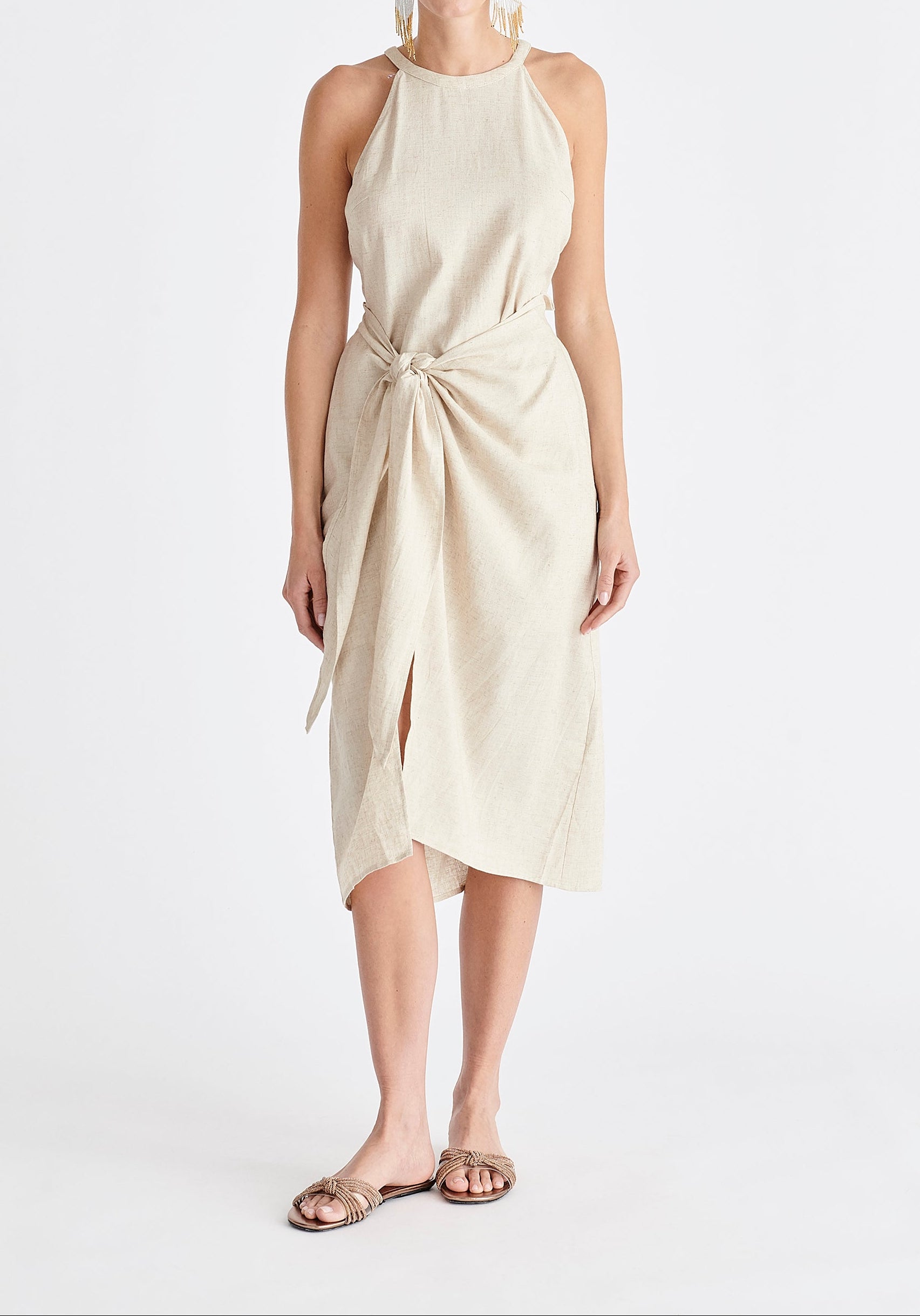 Linen Blend Waist Tie Dress