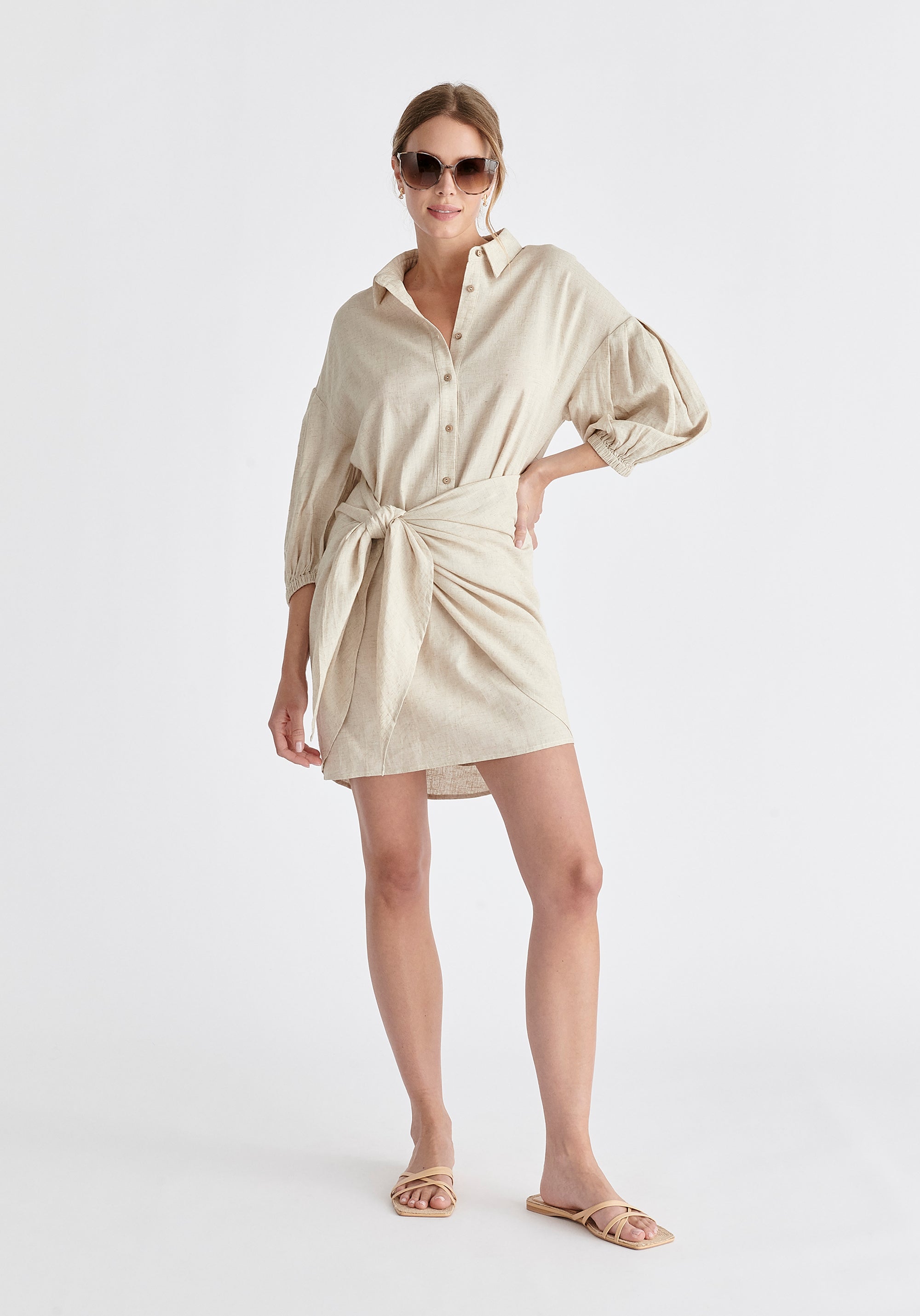 Linen Blend Shirt Dress in Oatmeal Dresses Paisie