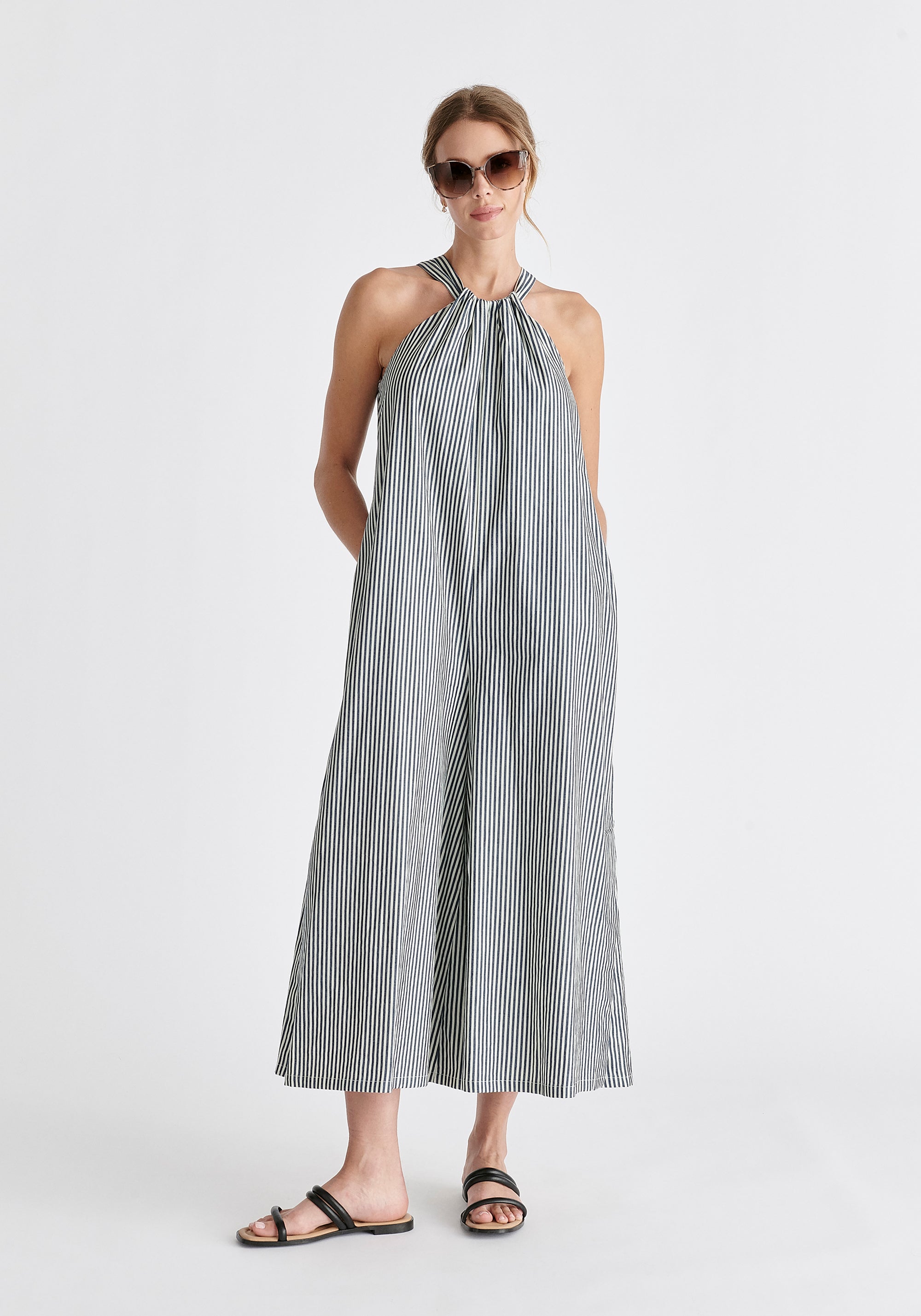 Striped Halterneck Cotton Jumpsuit in Navy and White