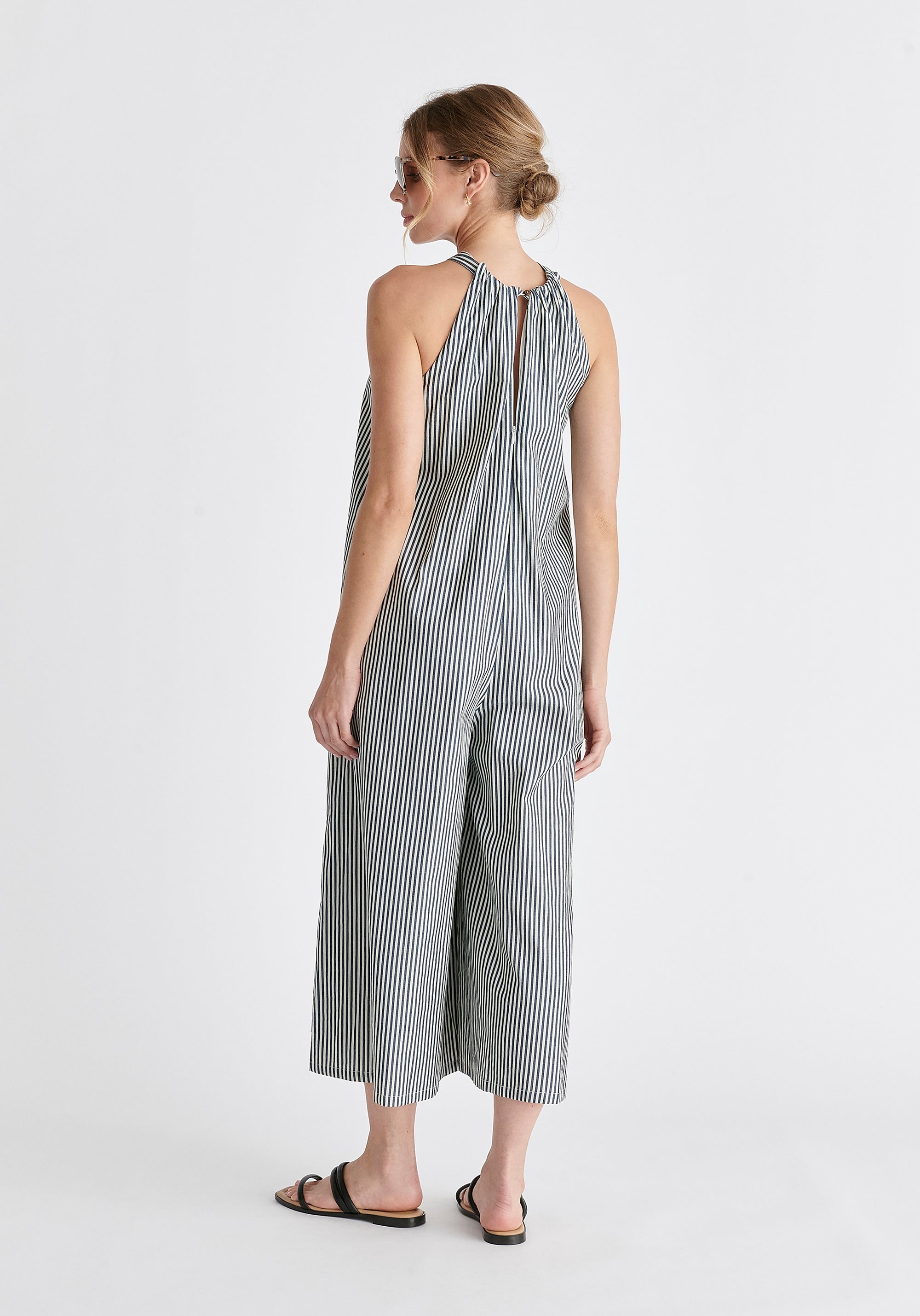 Striped Halterneck Cotton Jumpsuit in Navy and White Back