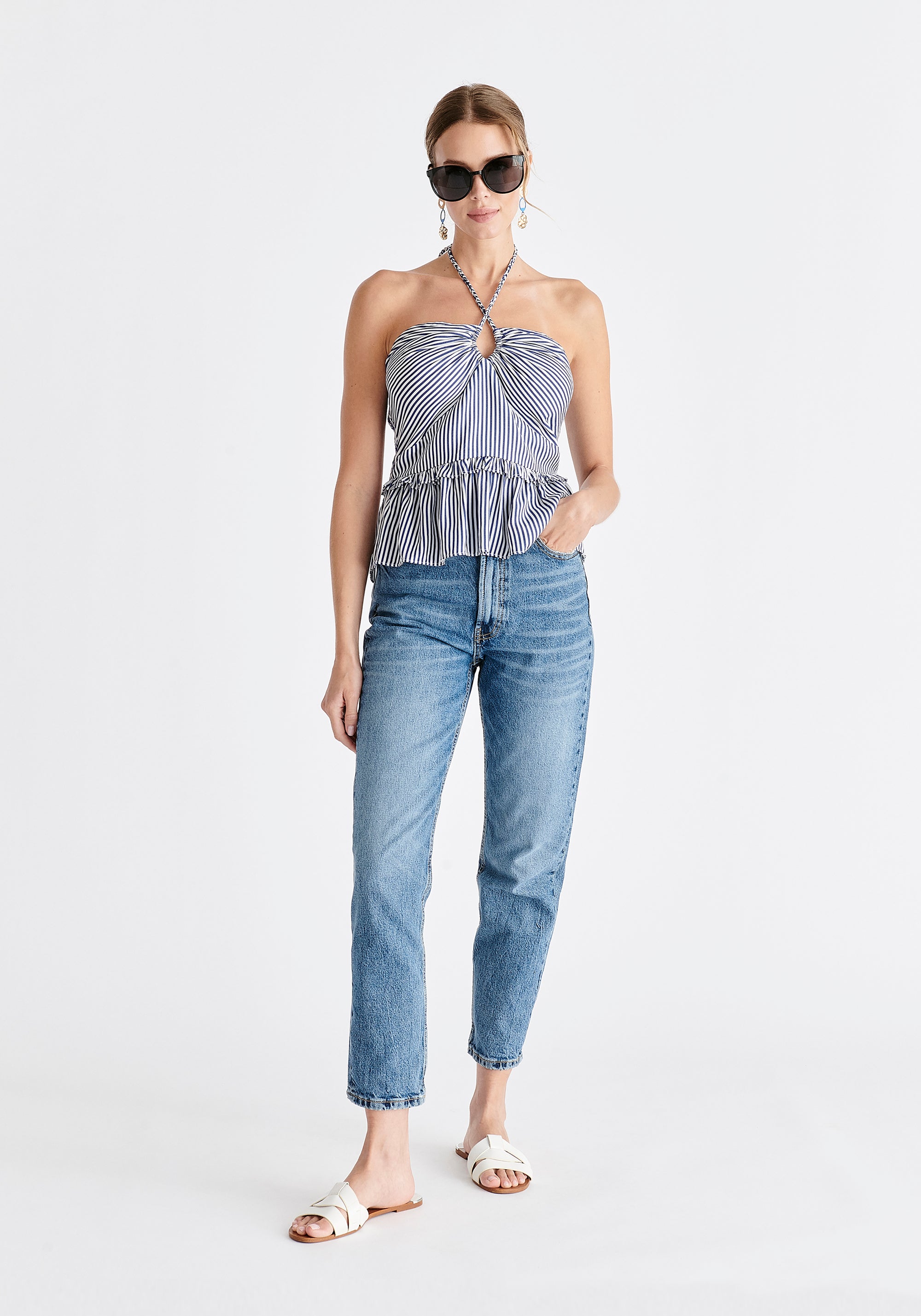 Halterneck Peplum Top in Blue and White