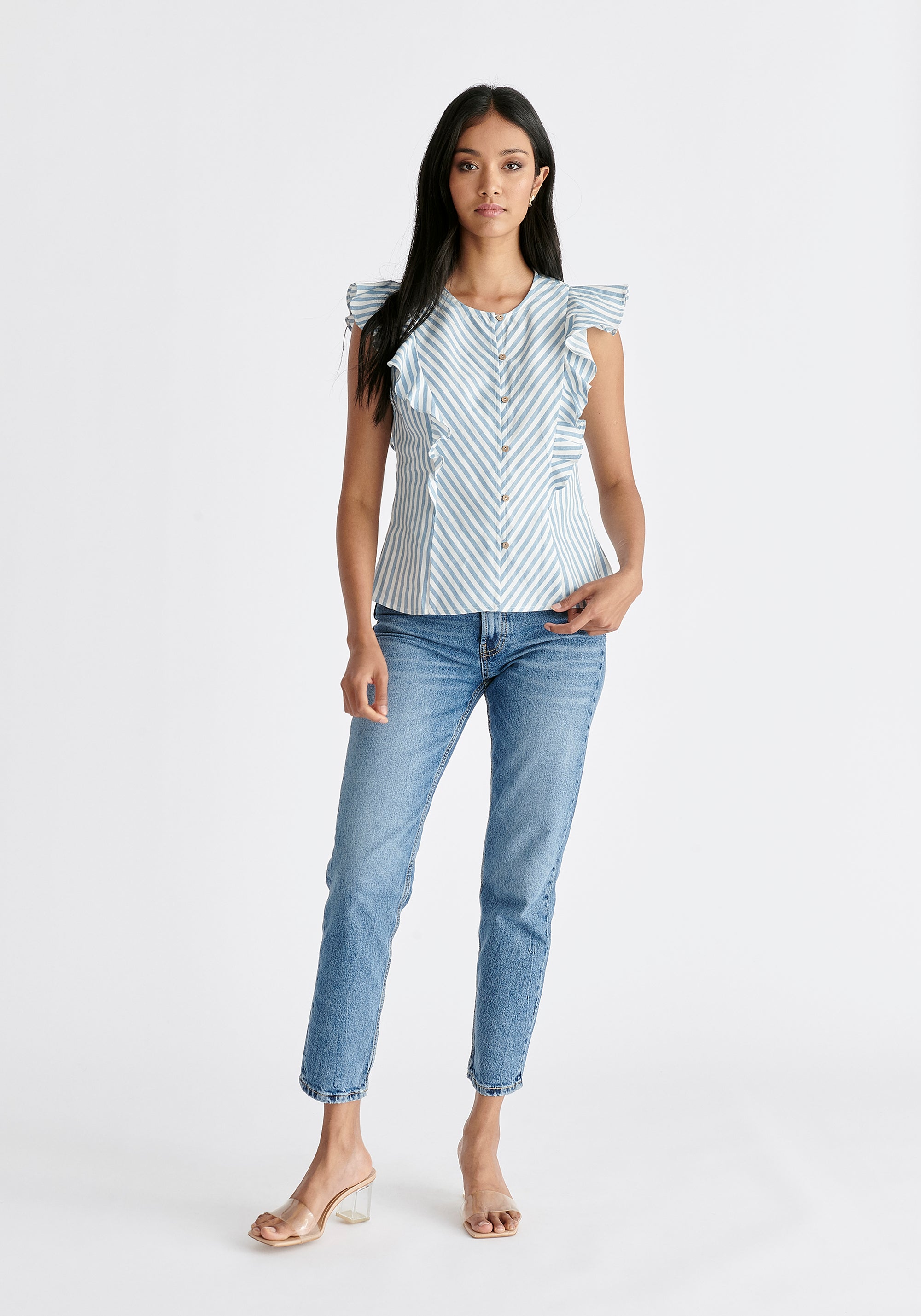Striped Frilled Cotton Blouse in Light Blue and White