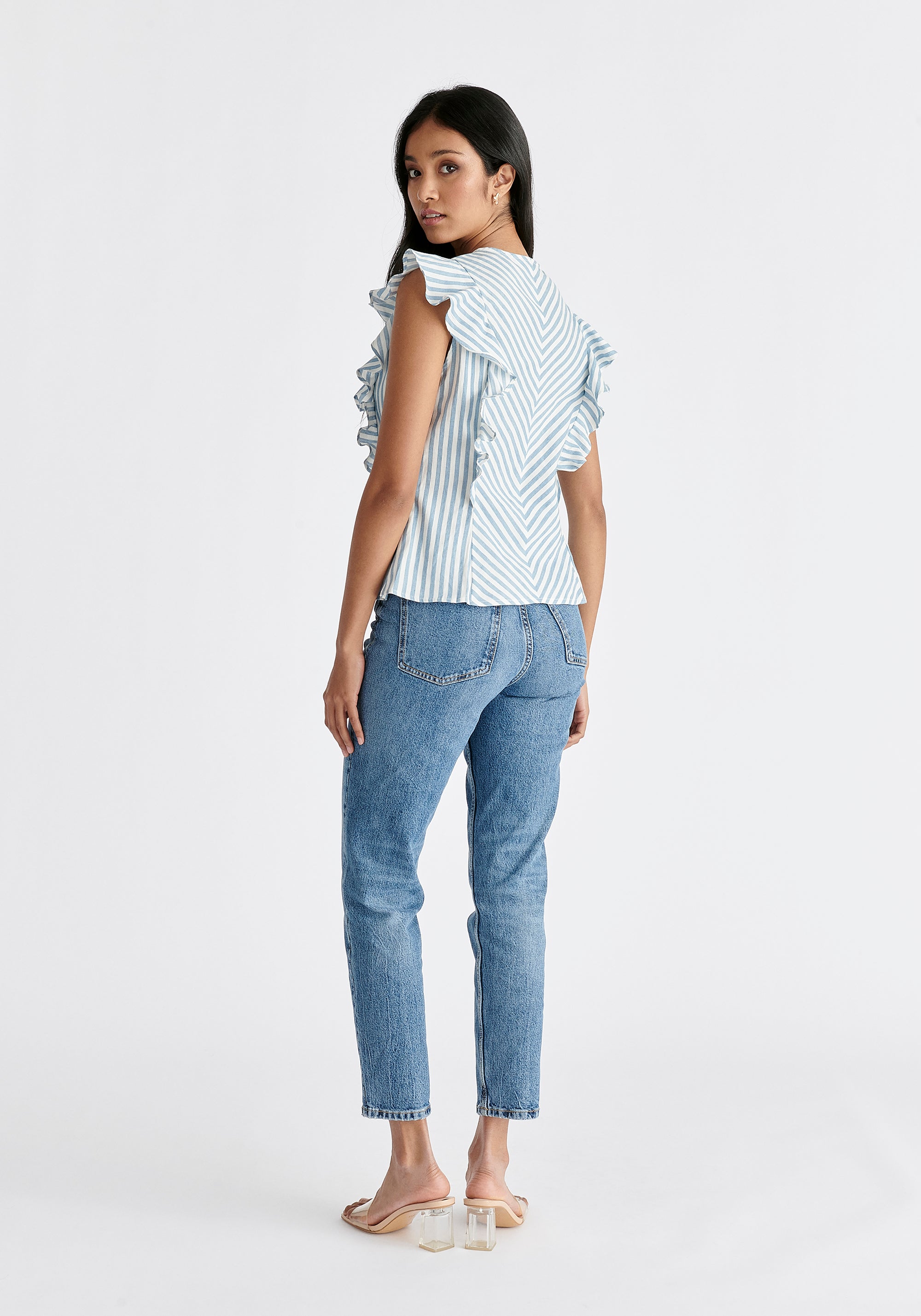 Striped Frilled Cotton Blouse in Light Blue and White Side