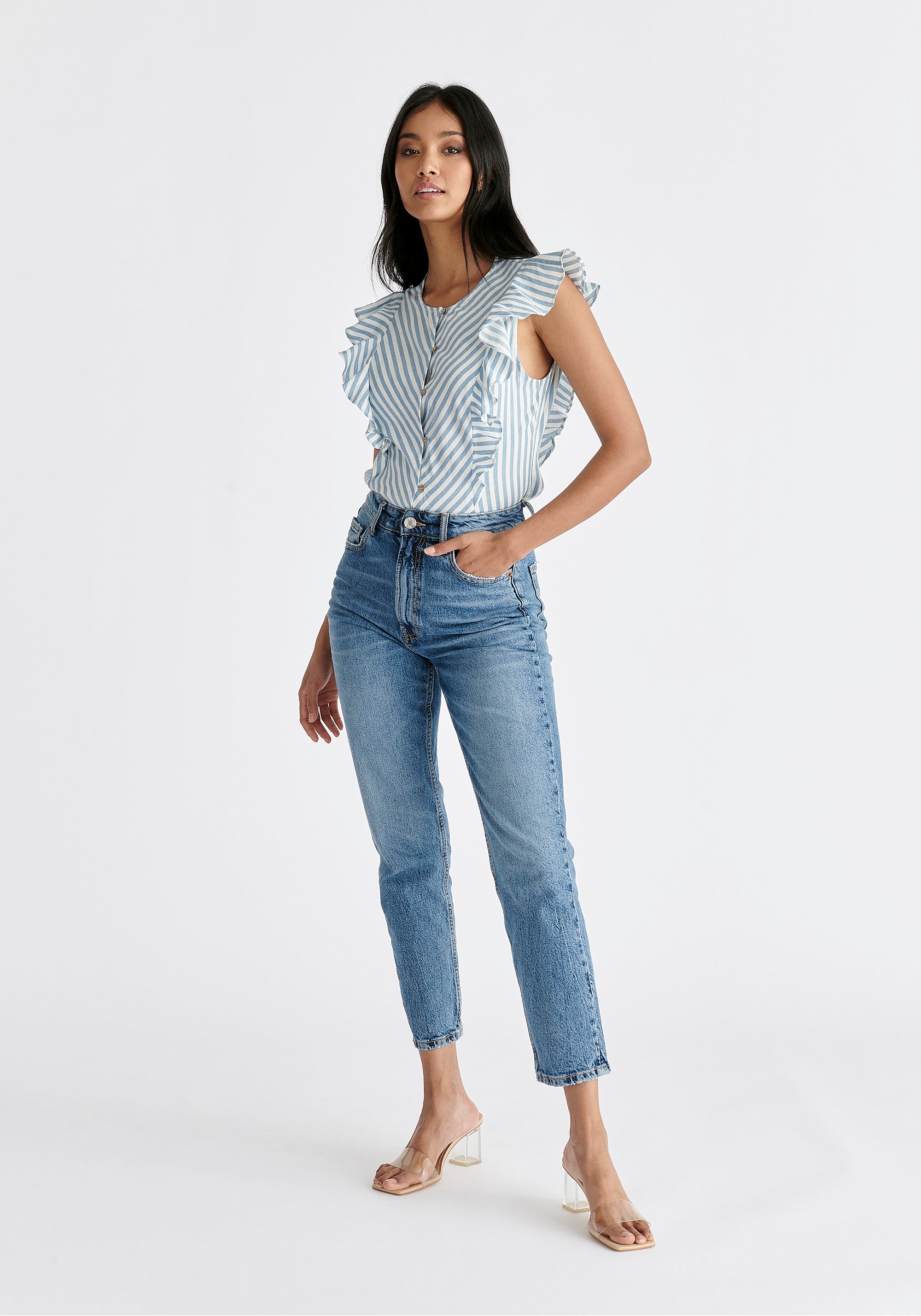 Striped Frilled Cotton Blouse in Light Blue and White