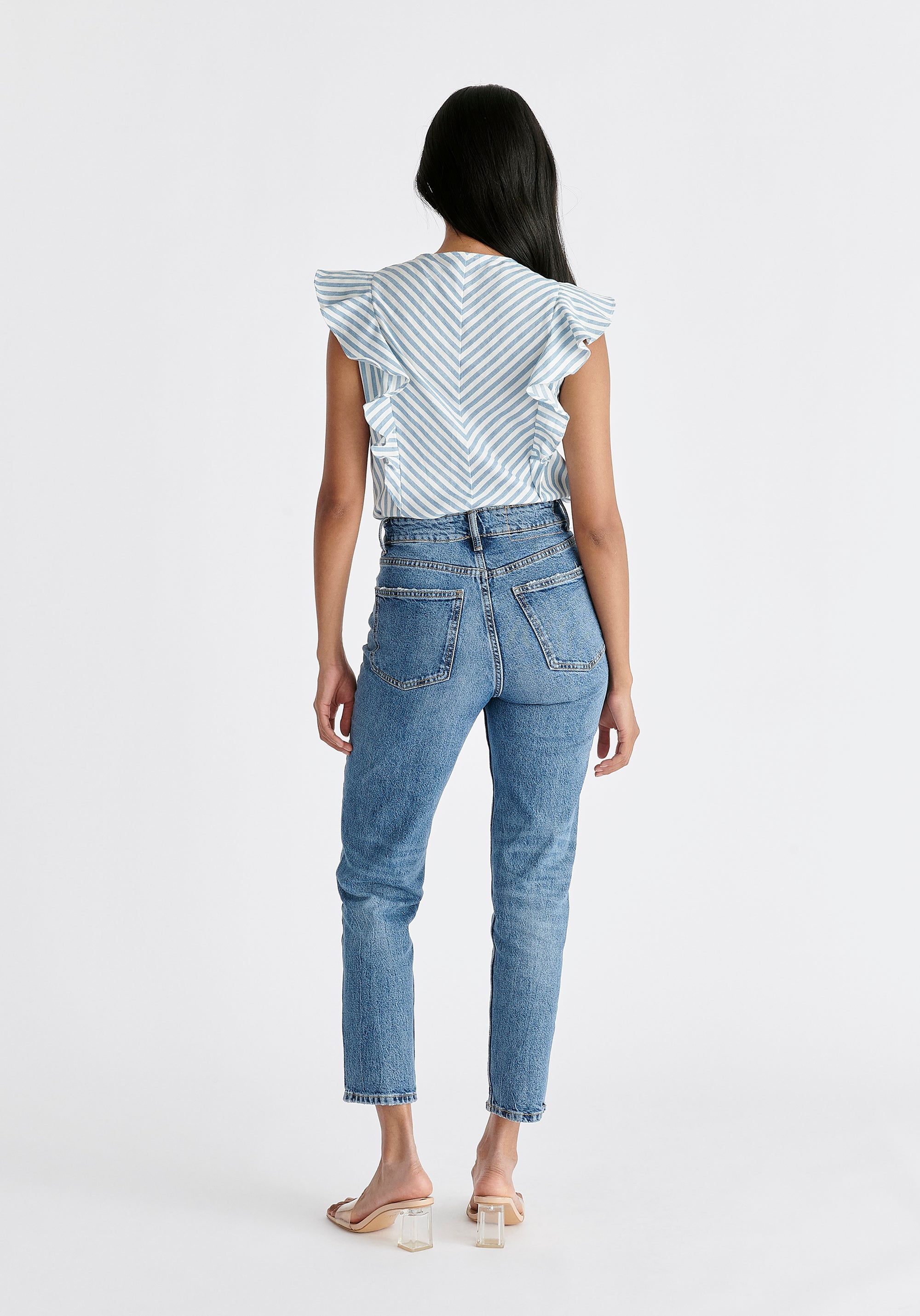 Striped Frilled Cotton Blouse in Light Blue and White Back
