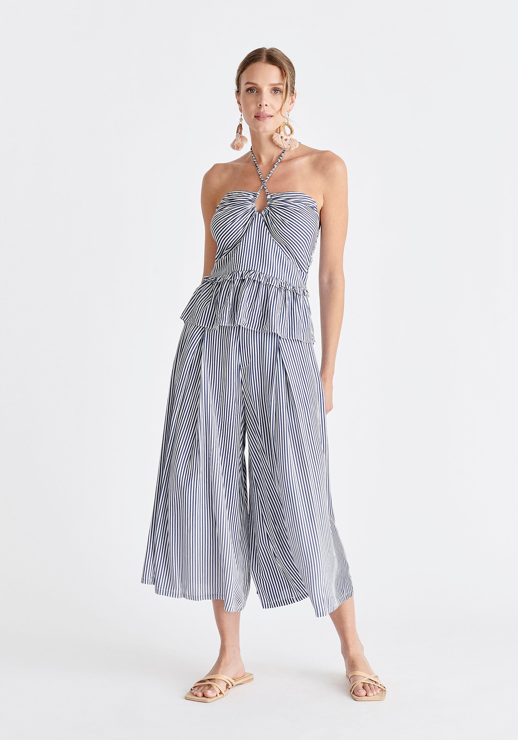 Belted Pleated Culottes in Blue and White