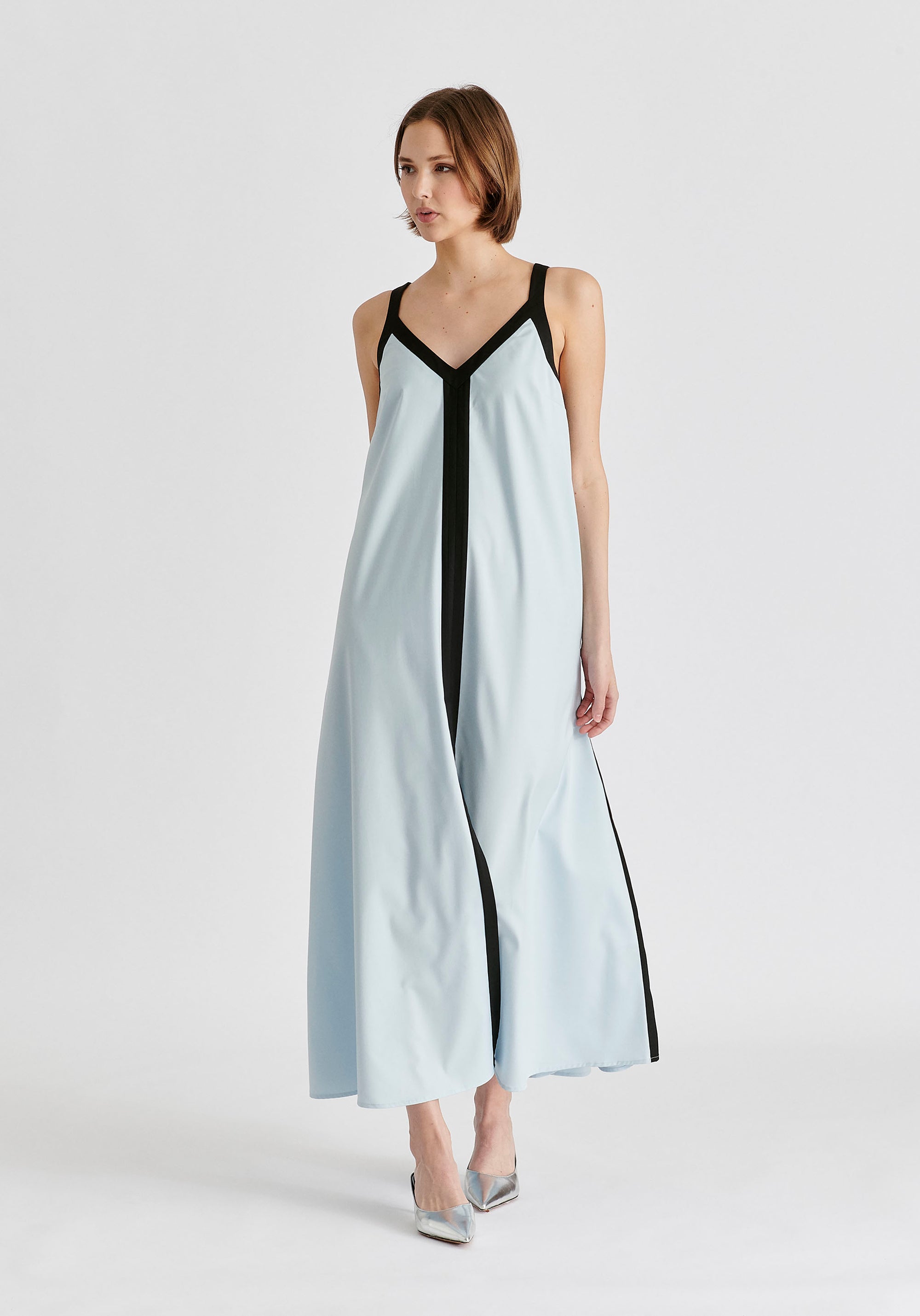 Contrast Trim Midaxi Dress in Light Blue and Black