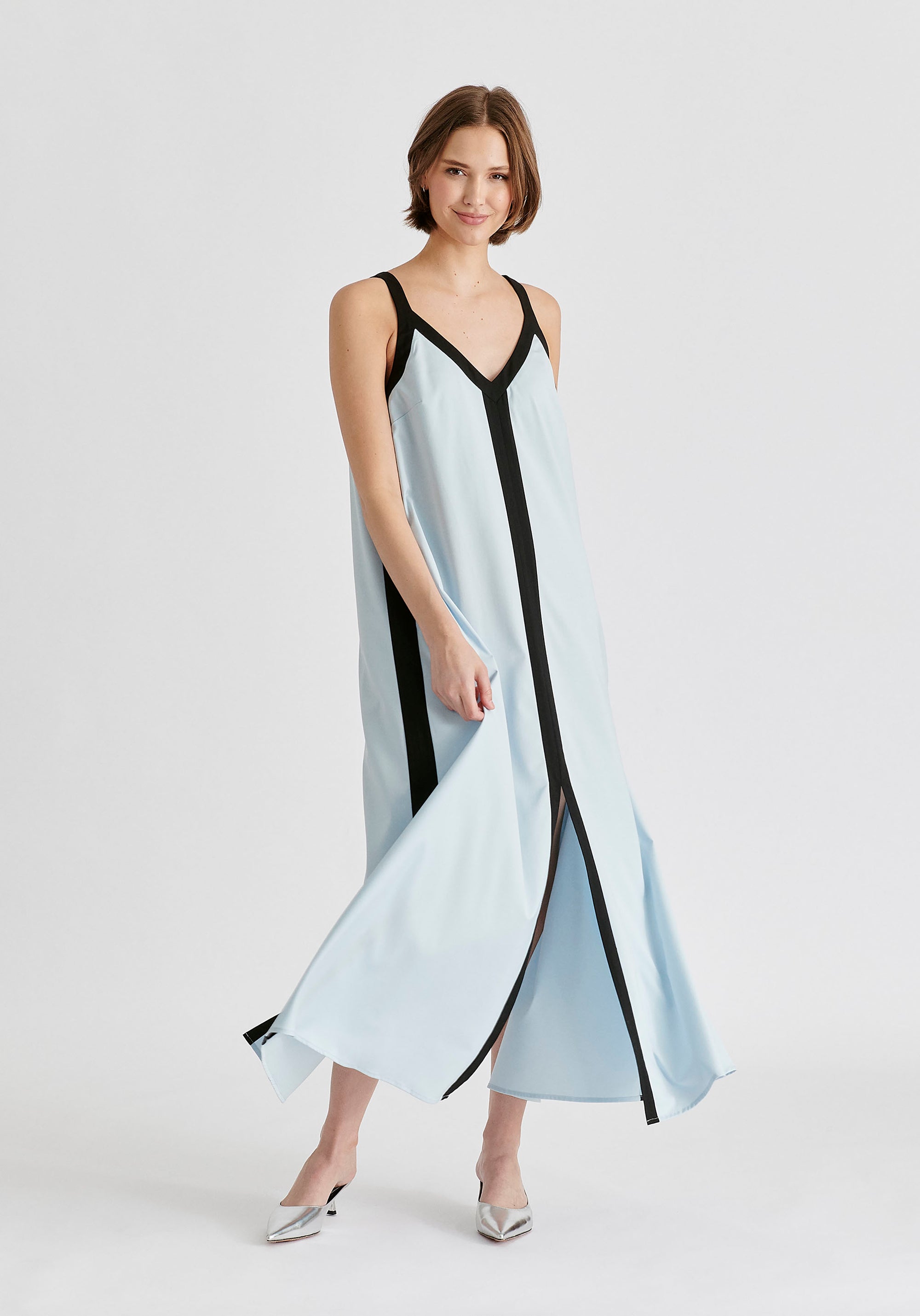 Contrast Trim Midaxi Dress in Light Blue and Black Front