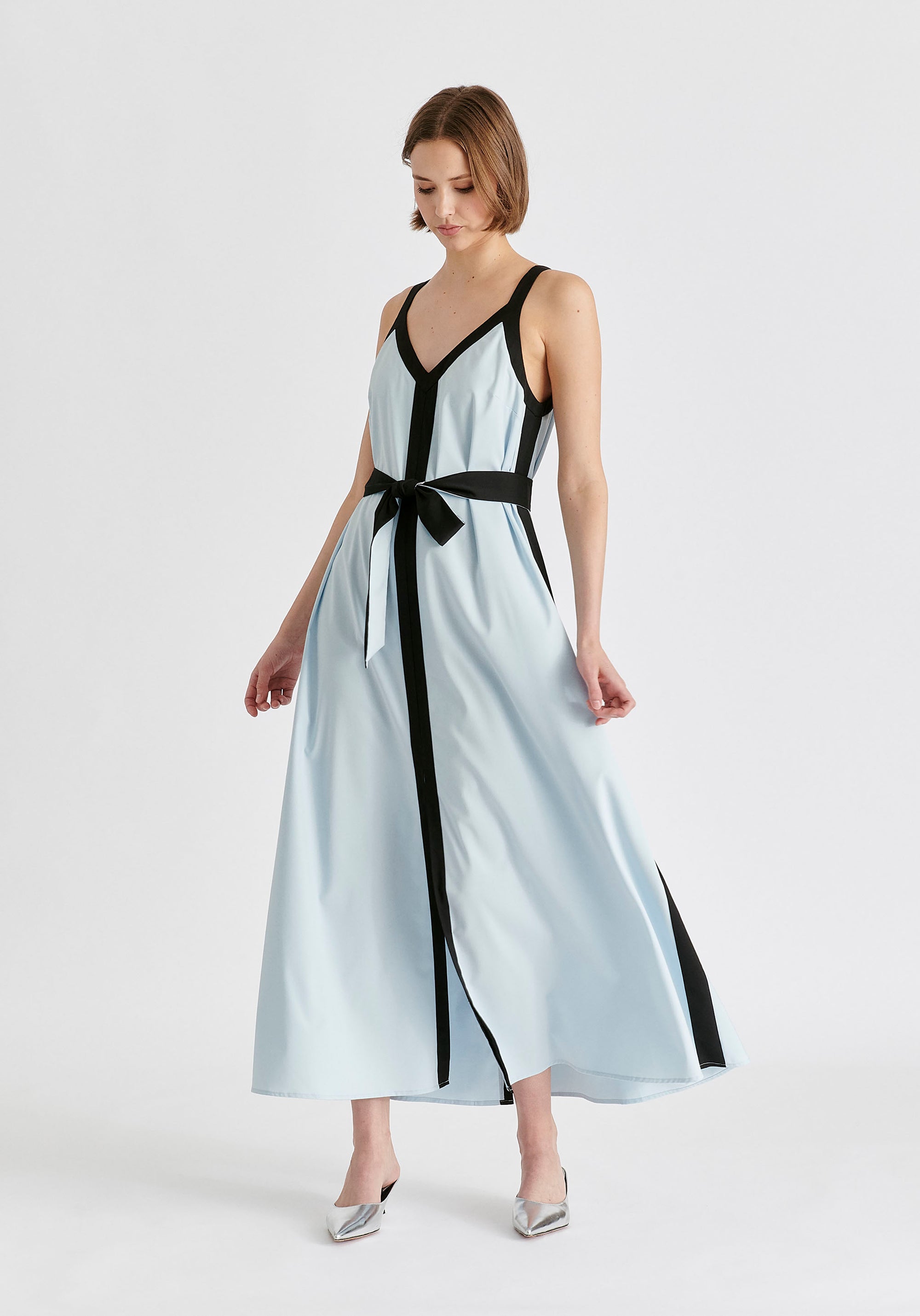 Contrast Trim Midaxi Dress in Light Blue and Black Front