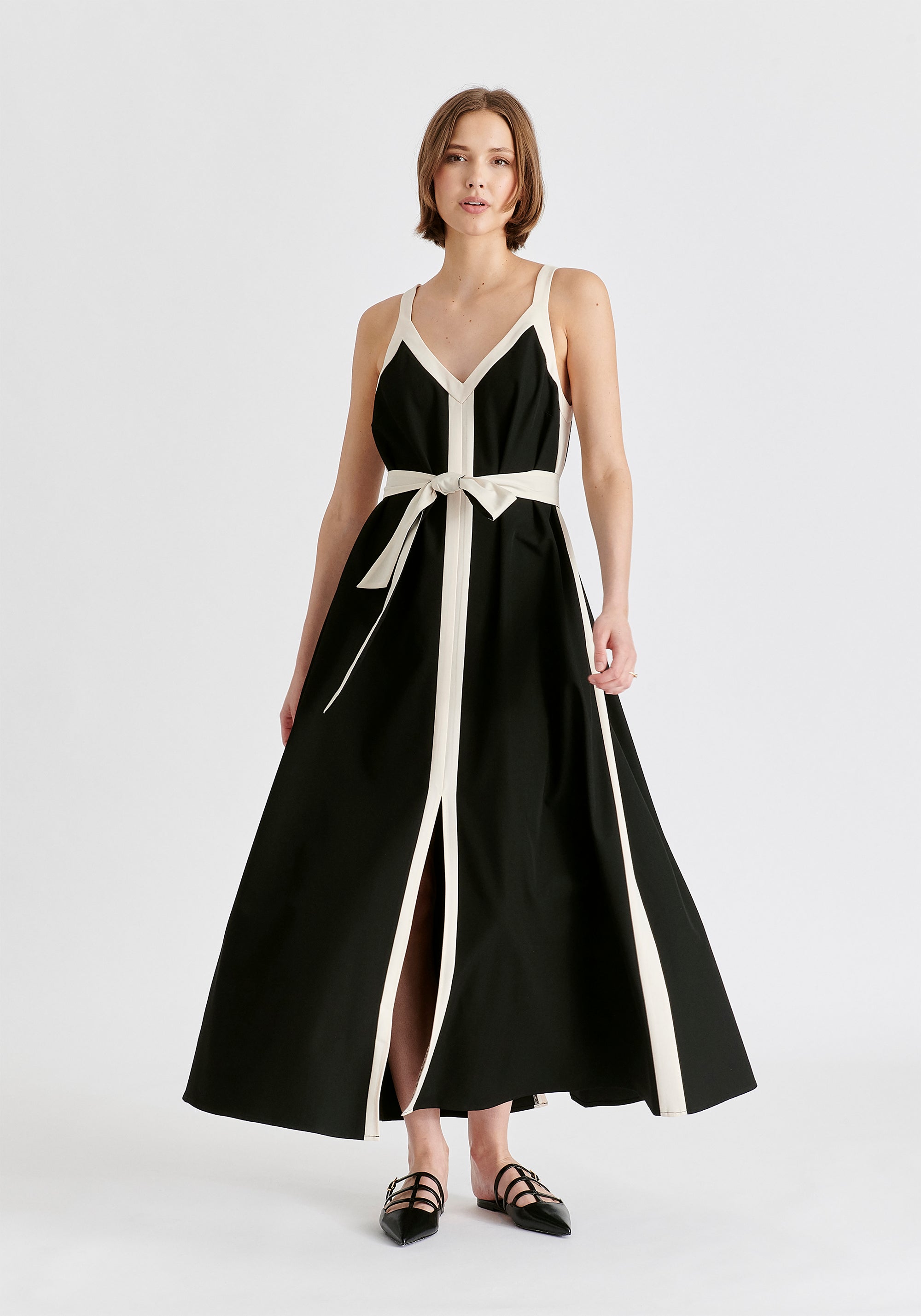 Contrast Trim Midaxi Dress in Black and Beige Front