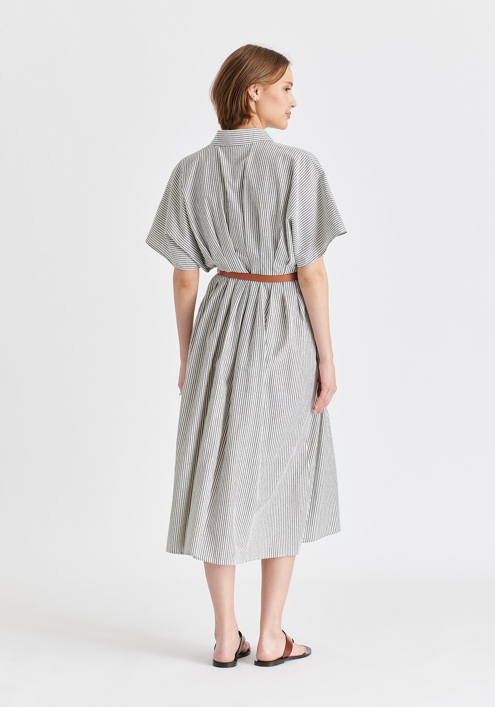 Striped Shirt Dress with Waist Pleats in White and Black Back