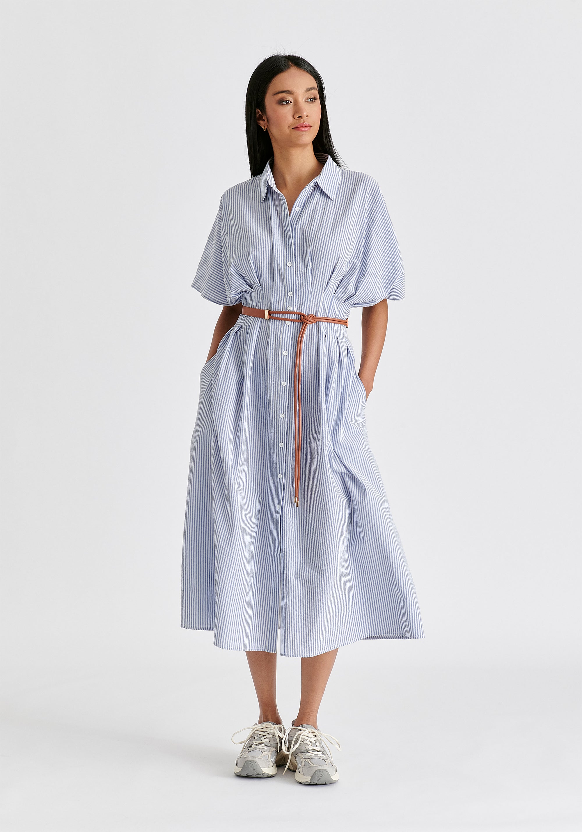 Striped Shirt Dress with Waist Pleats in White and Blue