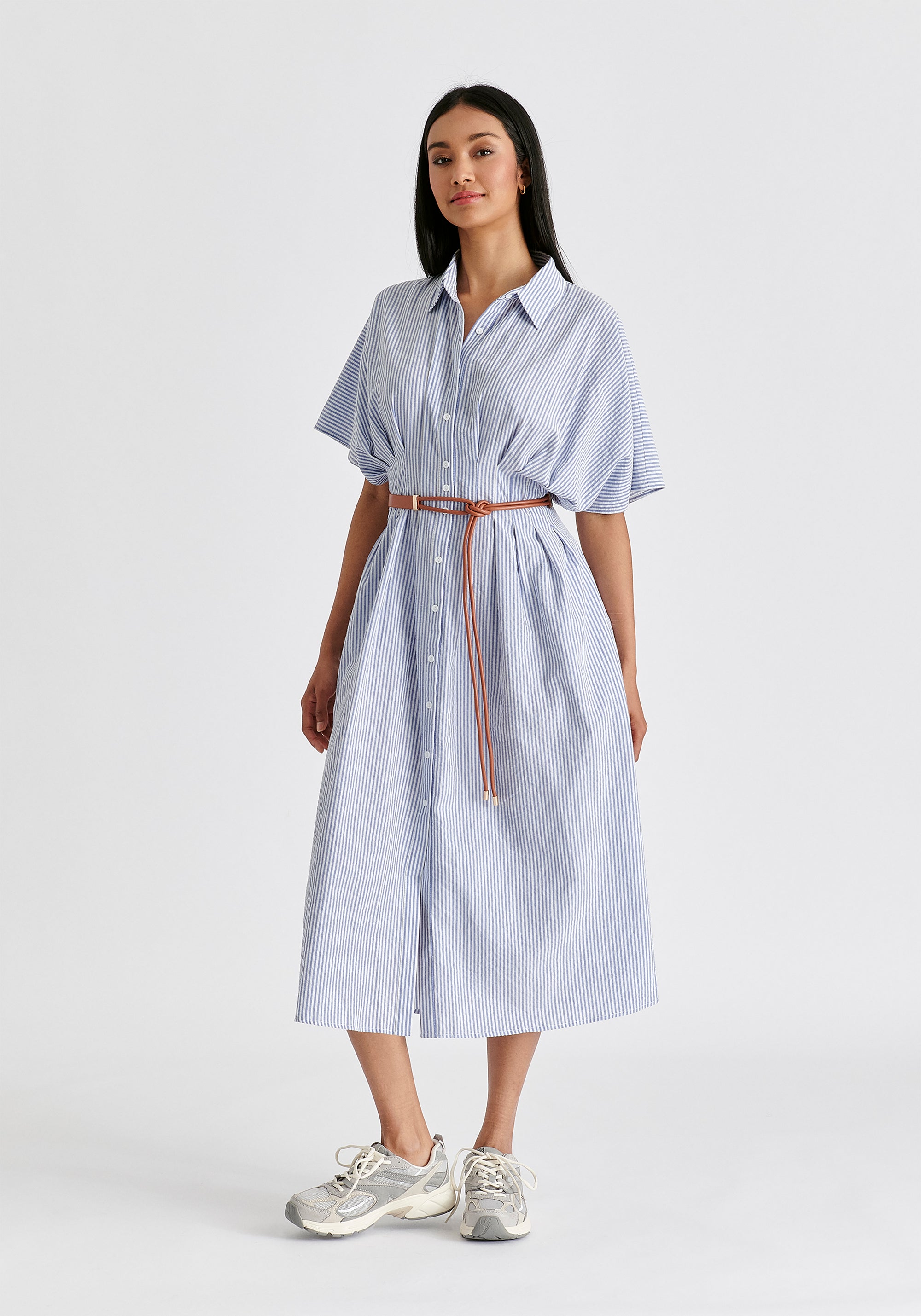 Striped Shirt Dress with Waist Pleats in White and Blue Side