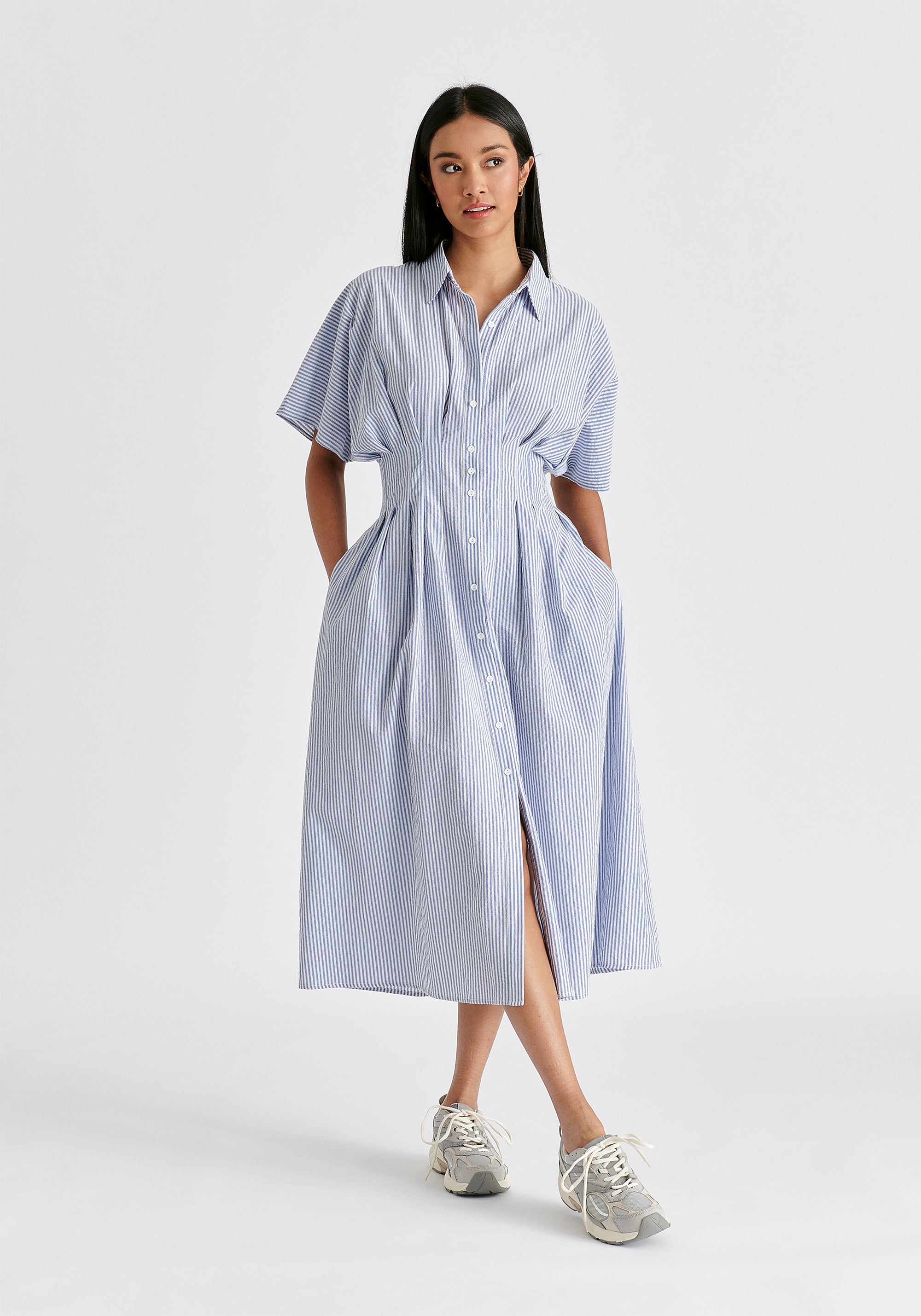 Striped Shirt Dress with Waist Pleats in White and Blue Front