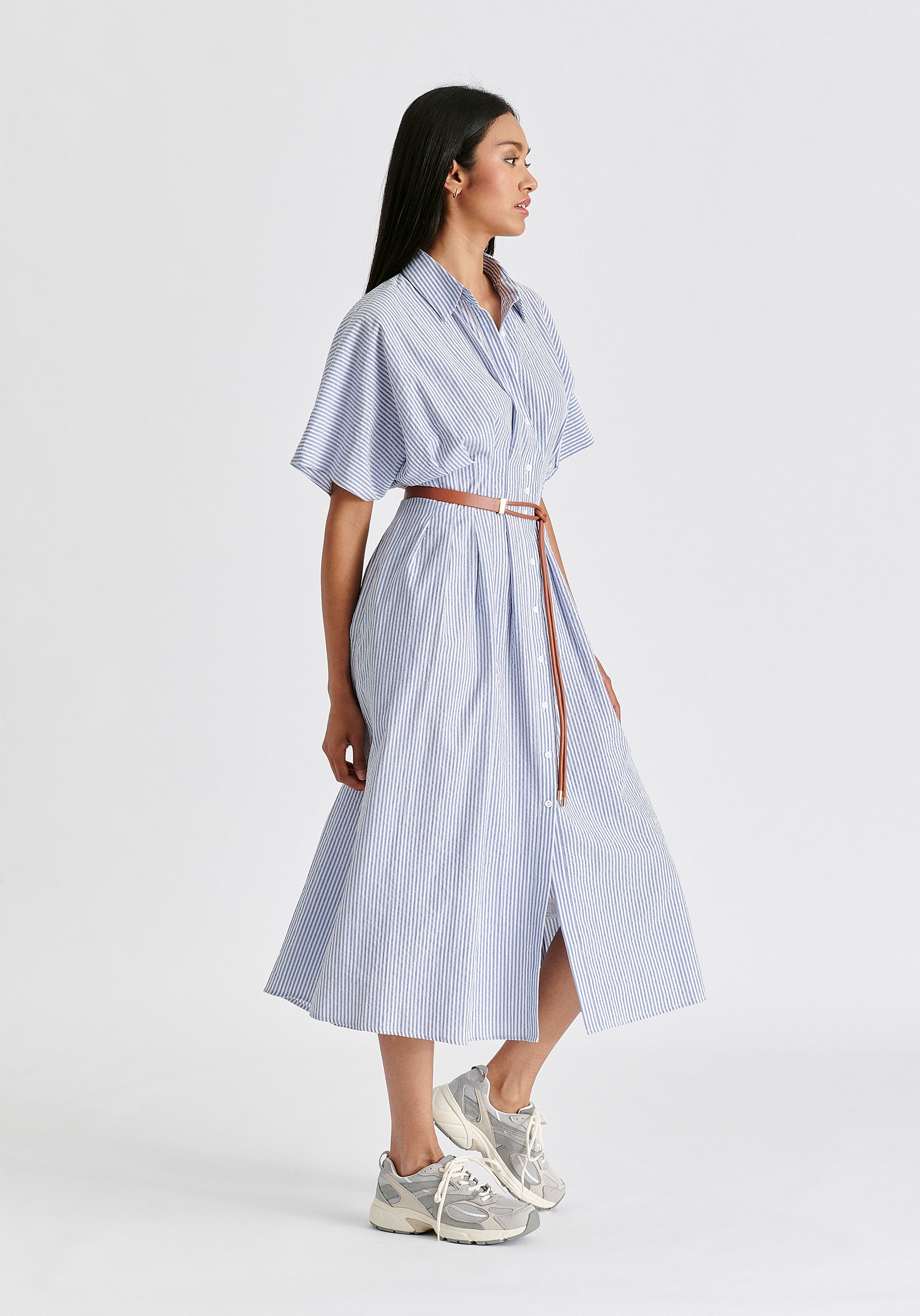 Striped Shirt Dress with Waist Pleats in White and Blue Side