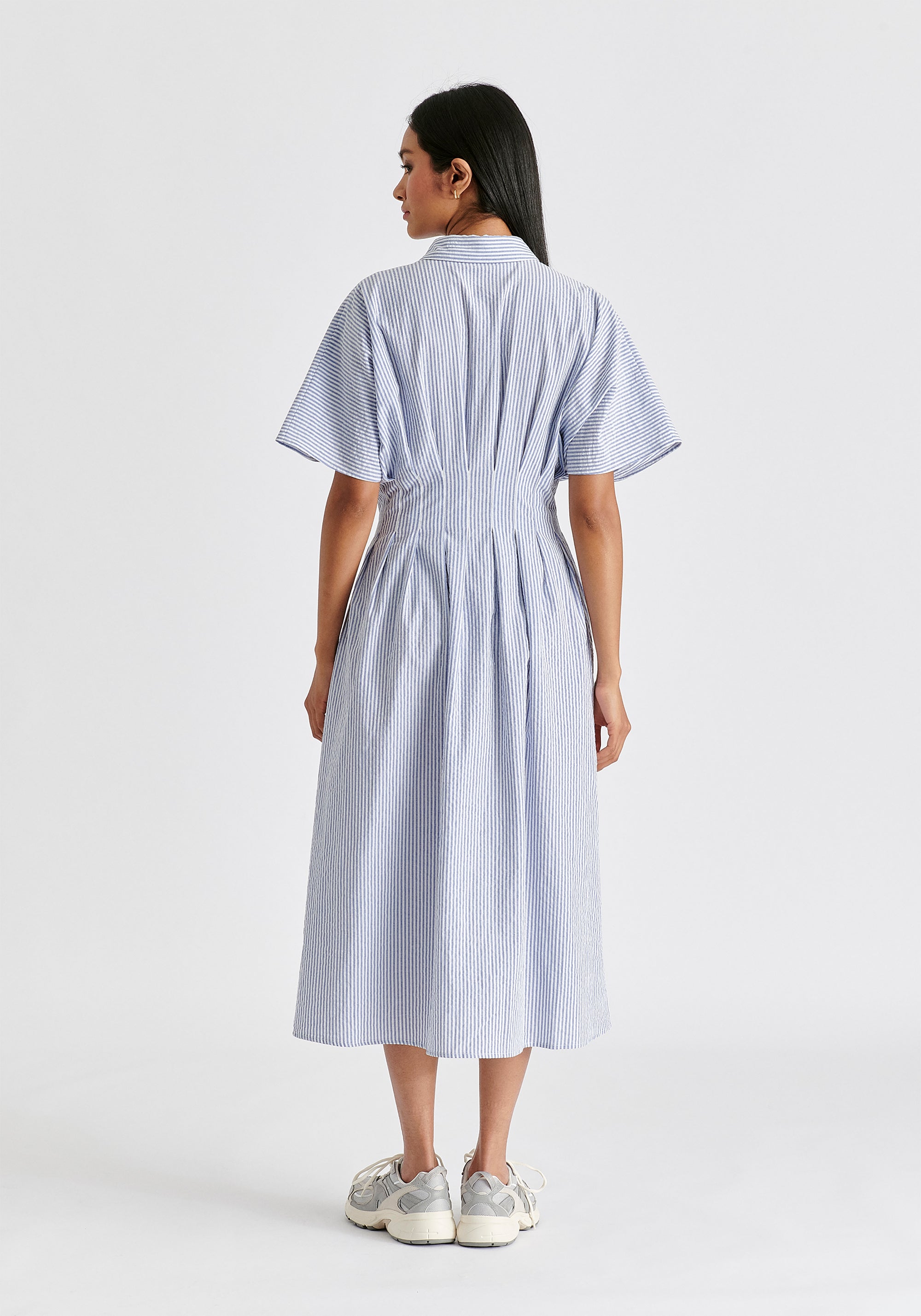 Striped Shirt Dress with Waist Pleats in White and Blue Back