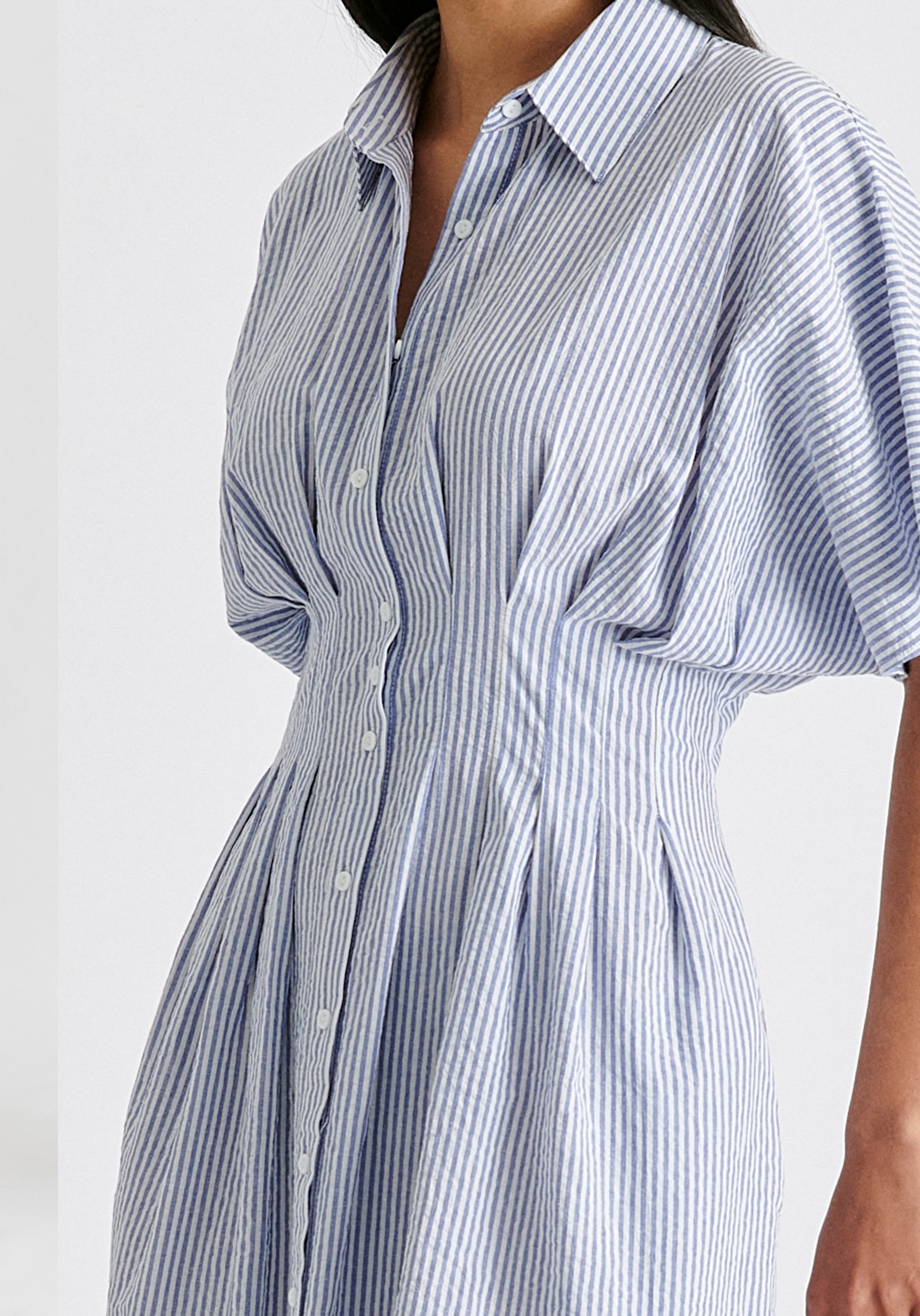 Striped Shirt Dress with Waist Pleats in White and Blue Closeup
