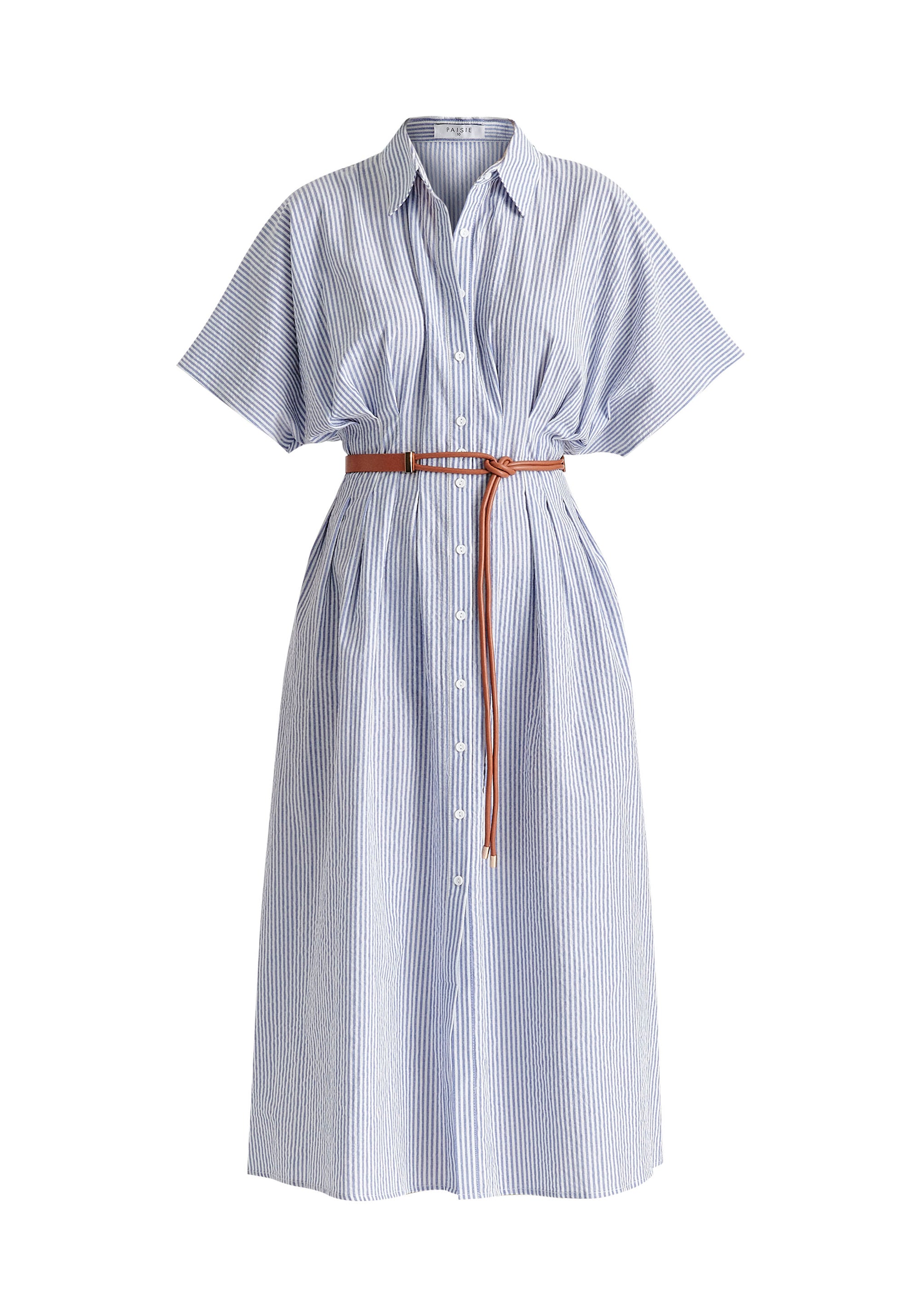 Striped Shirt Dress with Waist Pleats in White and Blue Cutout