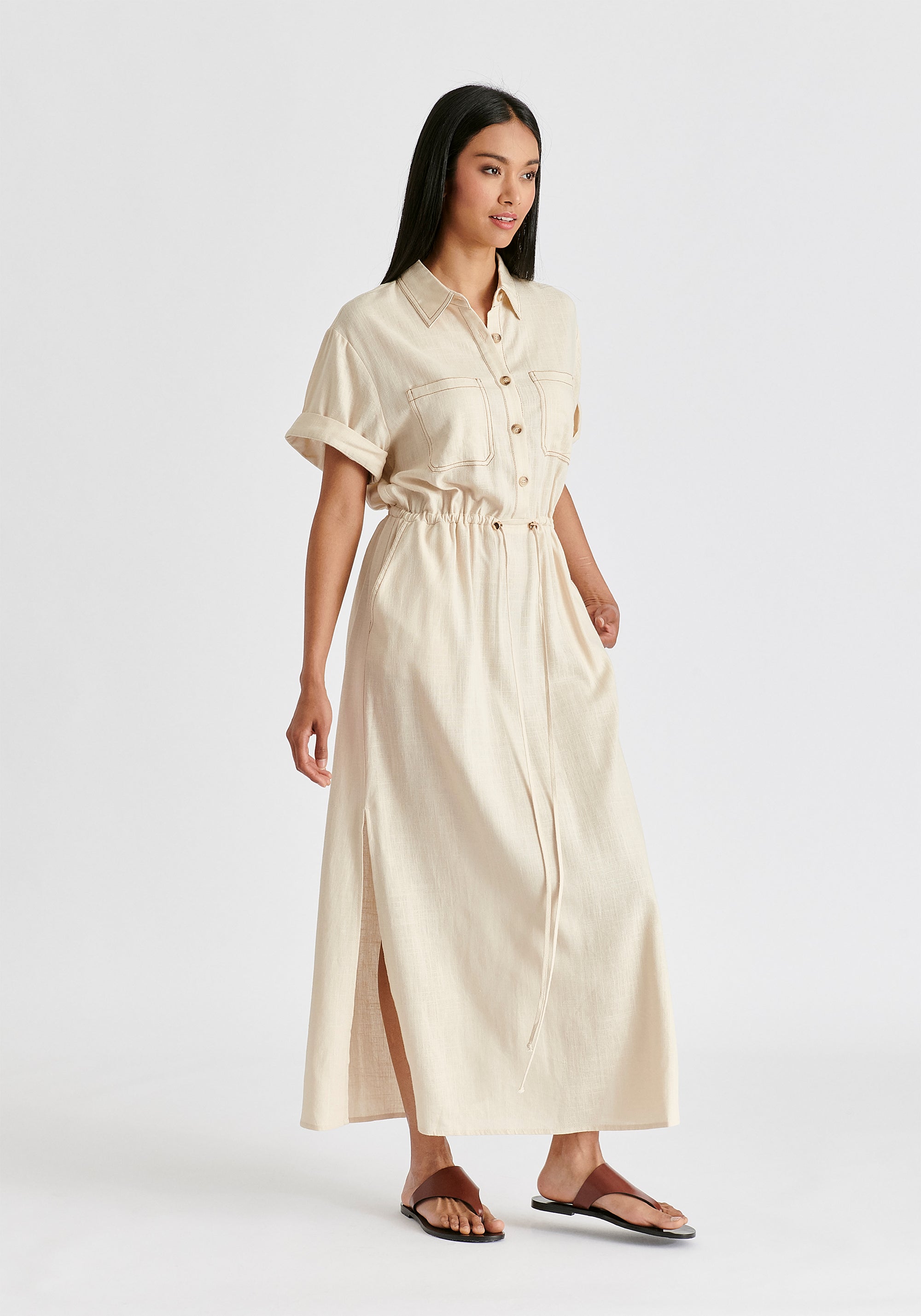 Linen Blend Shirt Dress with Stitch Details in Oatmeal Side