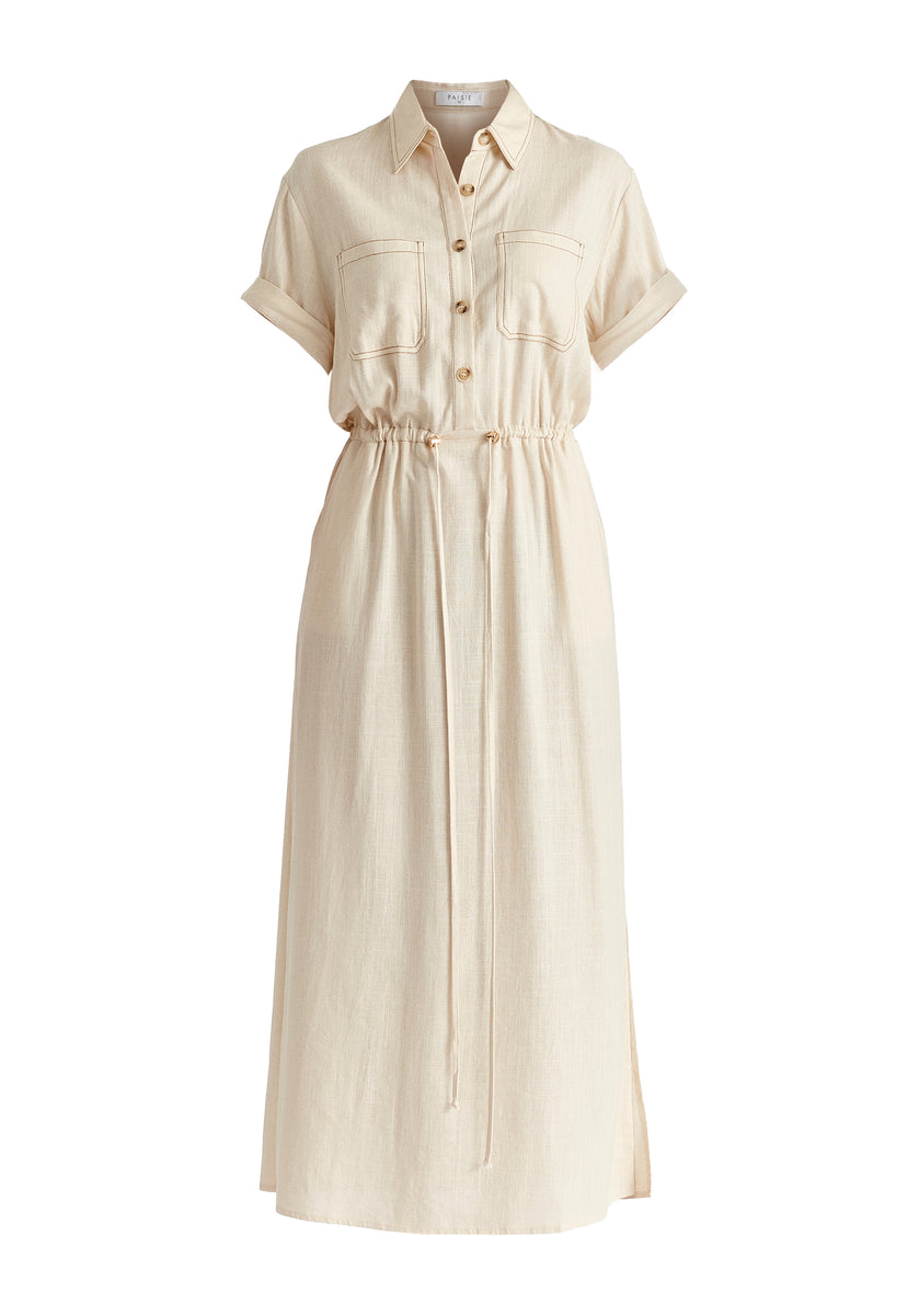 Linen Blend Shirt Dress with Stitch Details in Oatmeal | Dresses – Paisie