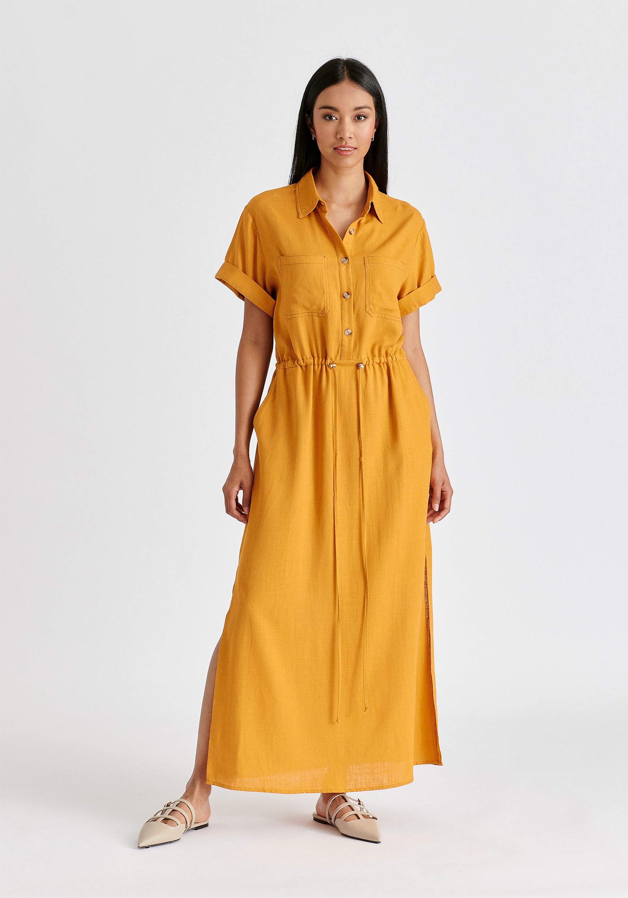 Linen Blend Shirt Dress with Stitch Details in Ochre Yellow Front