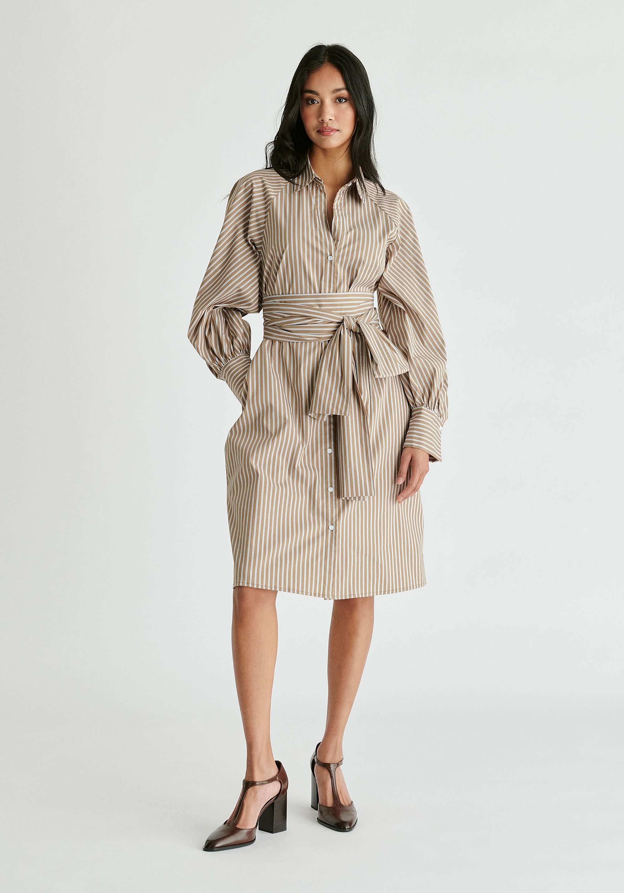 Striped Volume Sleeve Shirt Dress with Matching Tie Belt in Khaki Stripes Front