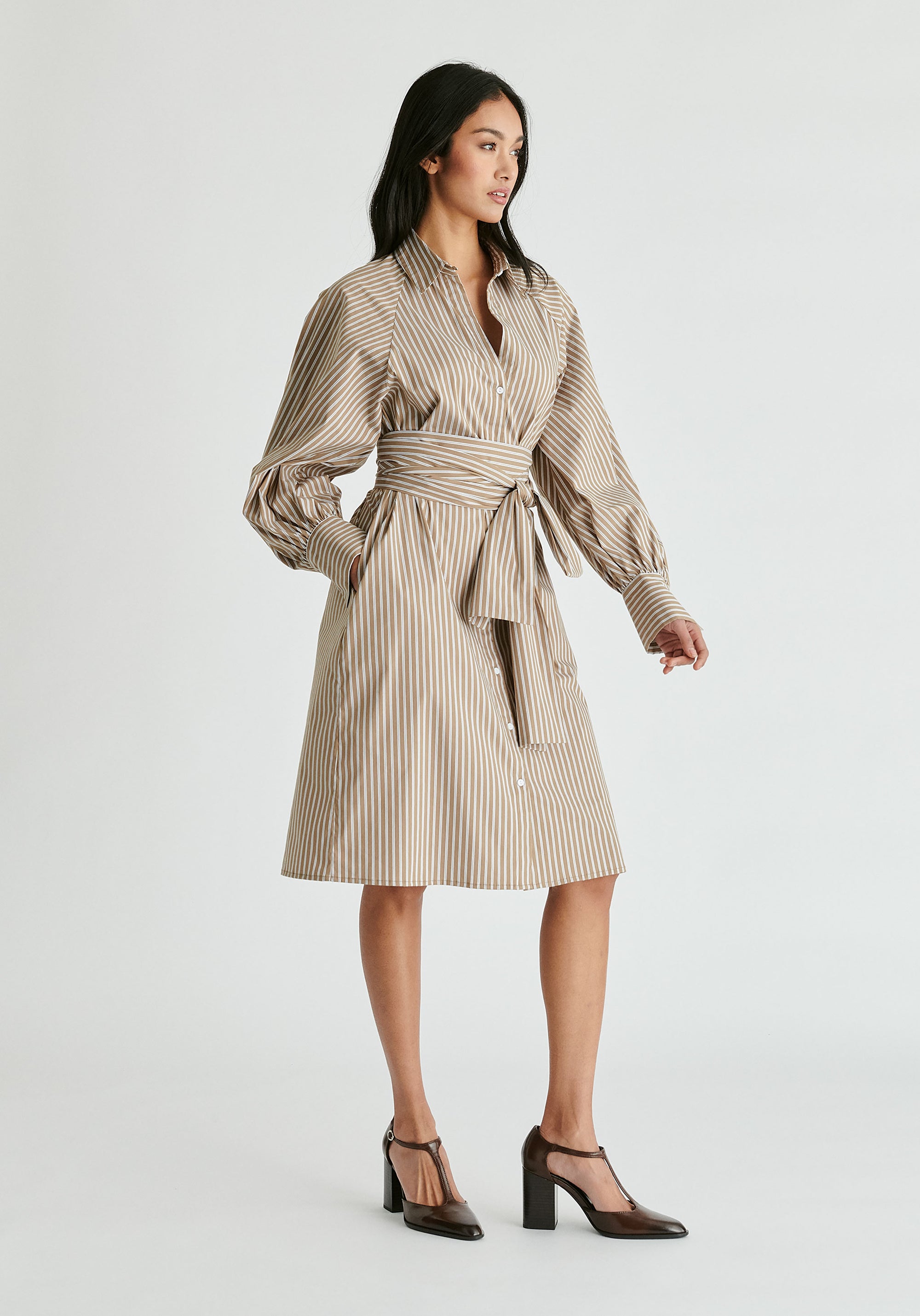 Striped Volume Sleeve Shirt Dress with Matching Tie Belt in Khaki Stripes Side