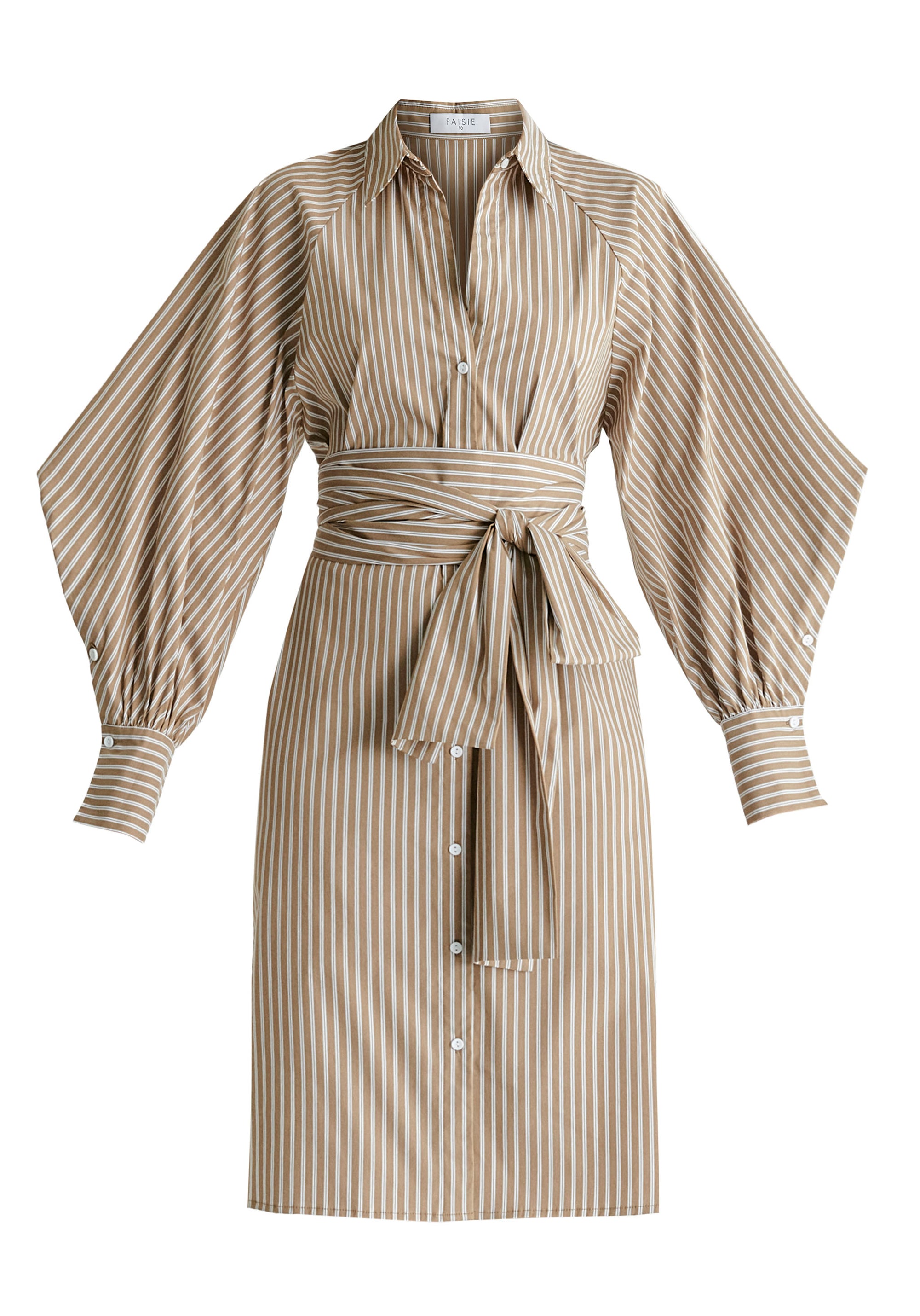 Striped Volume Sleeve Shirt Dress with Matching Tie Belt in Khaki Stripes Cutout