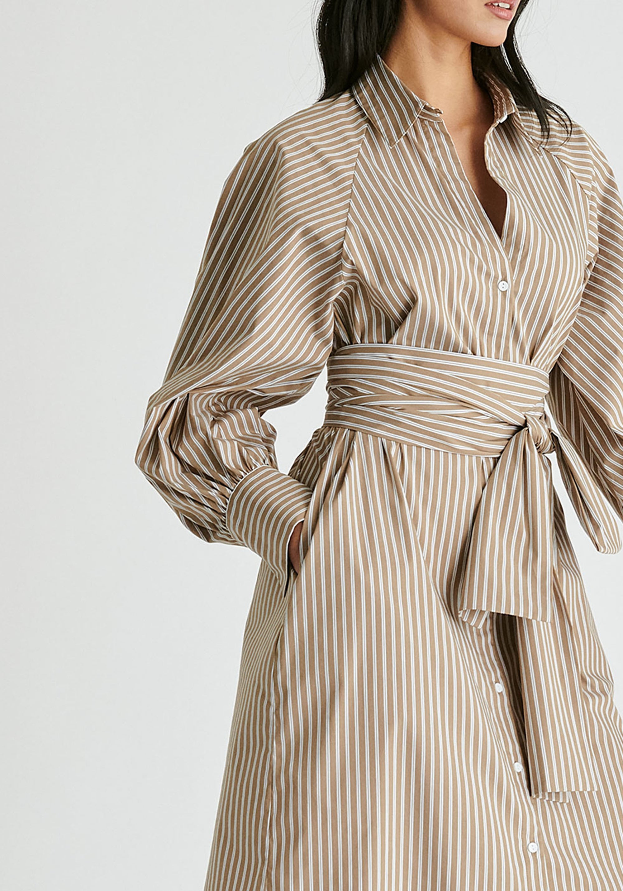 Striped Volume Sleeve Shirt Dress with Matching Tie Belt in Khaki Stripes Closeup