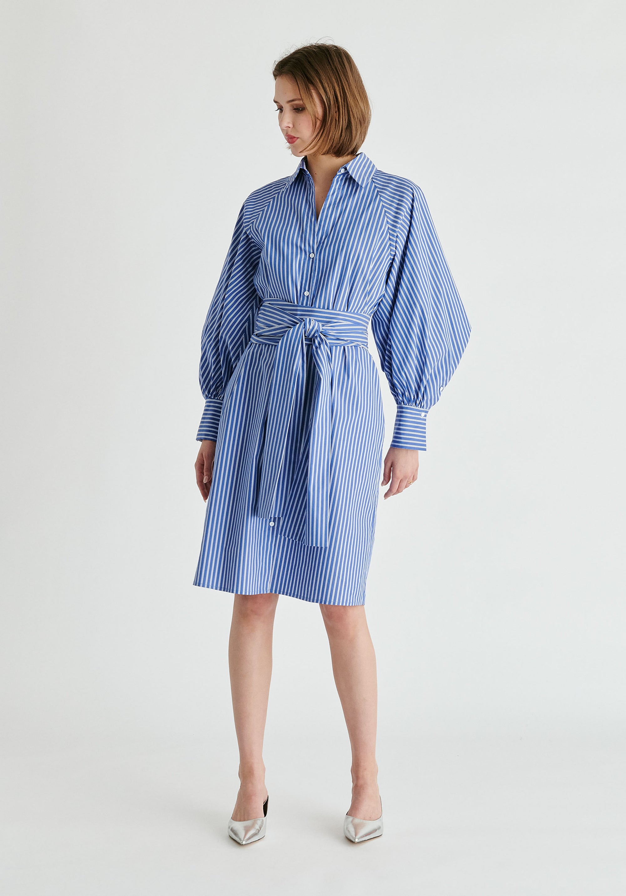 Striped Volume Sleeve Shirt Dress with Matching Tie Belt in Blue Stripes