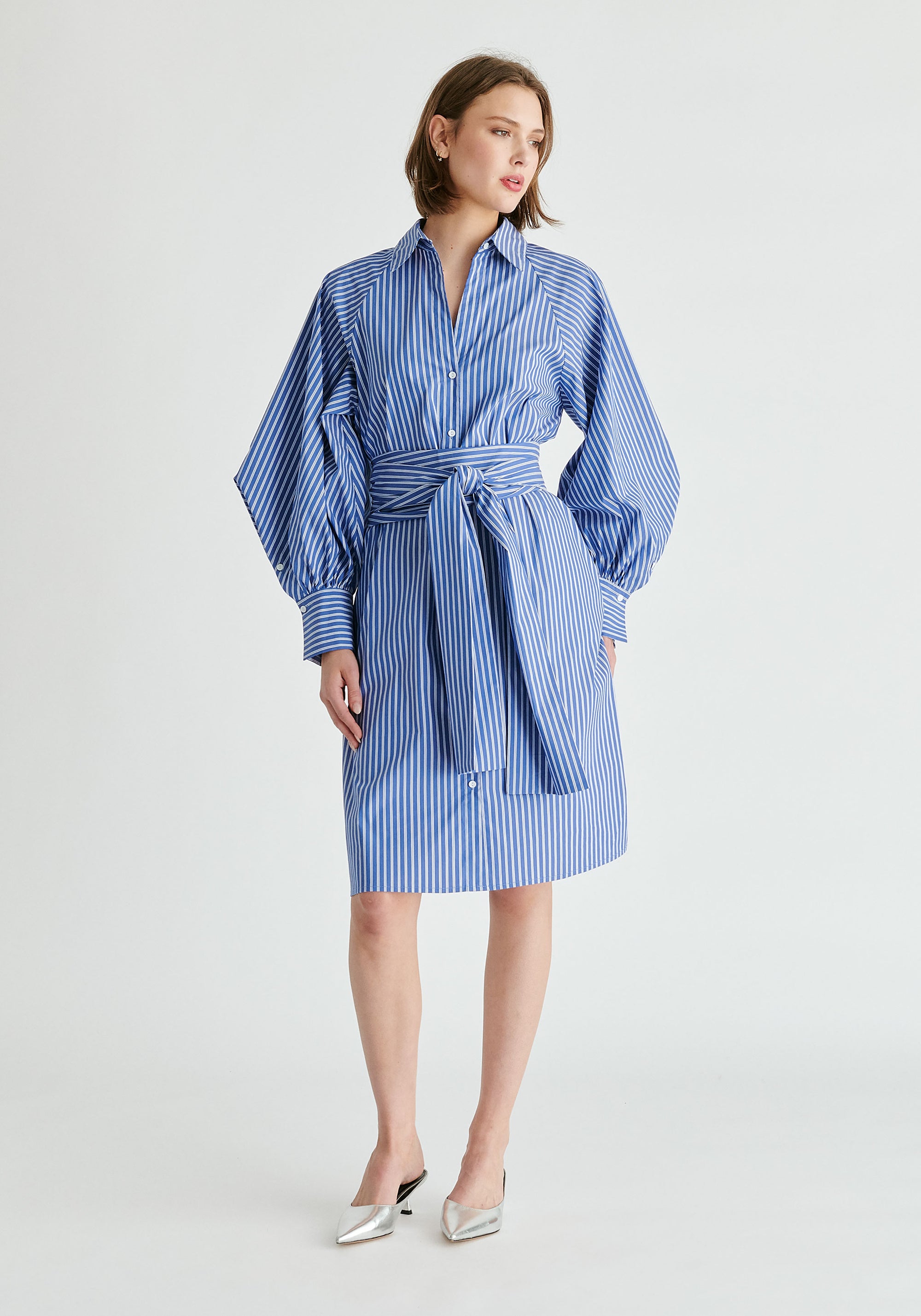 Striped Volume Sleeve Shirt Dress with Matching Tie Belt in Blue Stripes Front