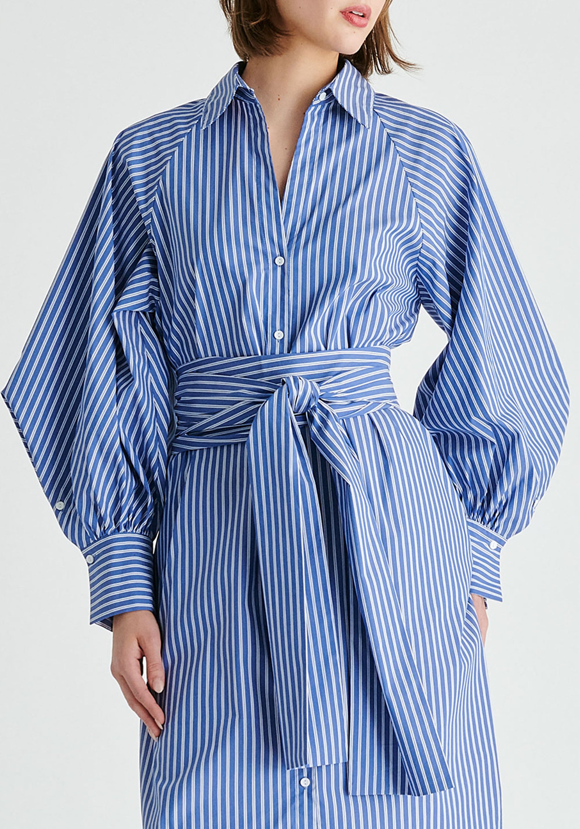 Striped Volume Sleeve Shirt Dress with Matching Tie Belt in Blue Stripes Closeup