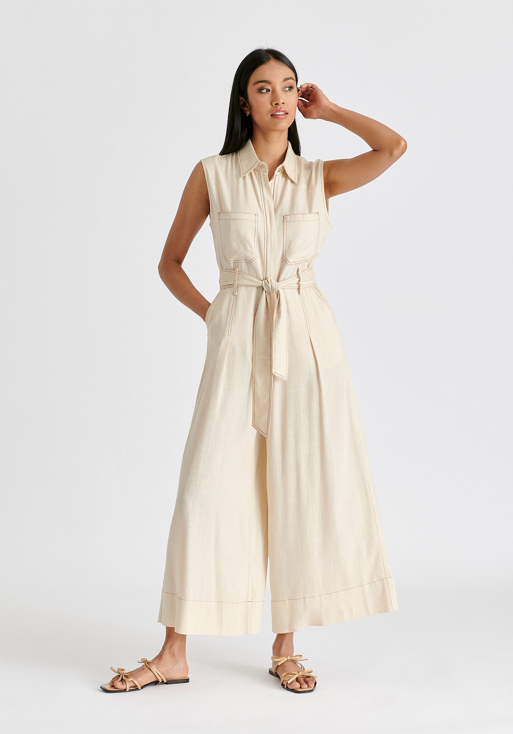 Linen Blend Jumpsuit Stitch Details