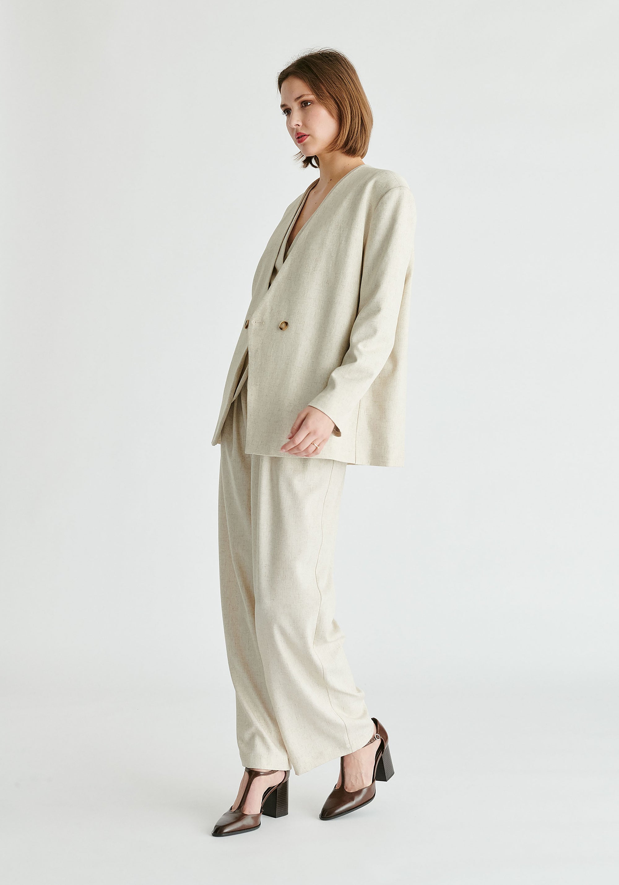Drop Shoulder Double Breasted Blazer in Oatmeal Side