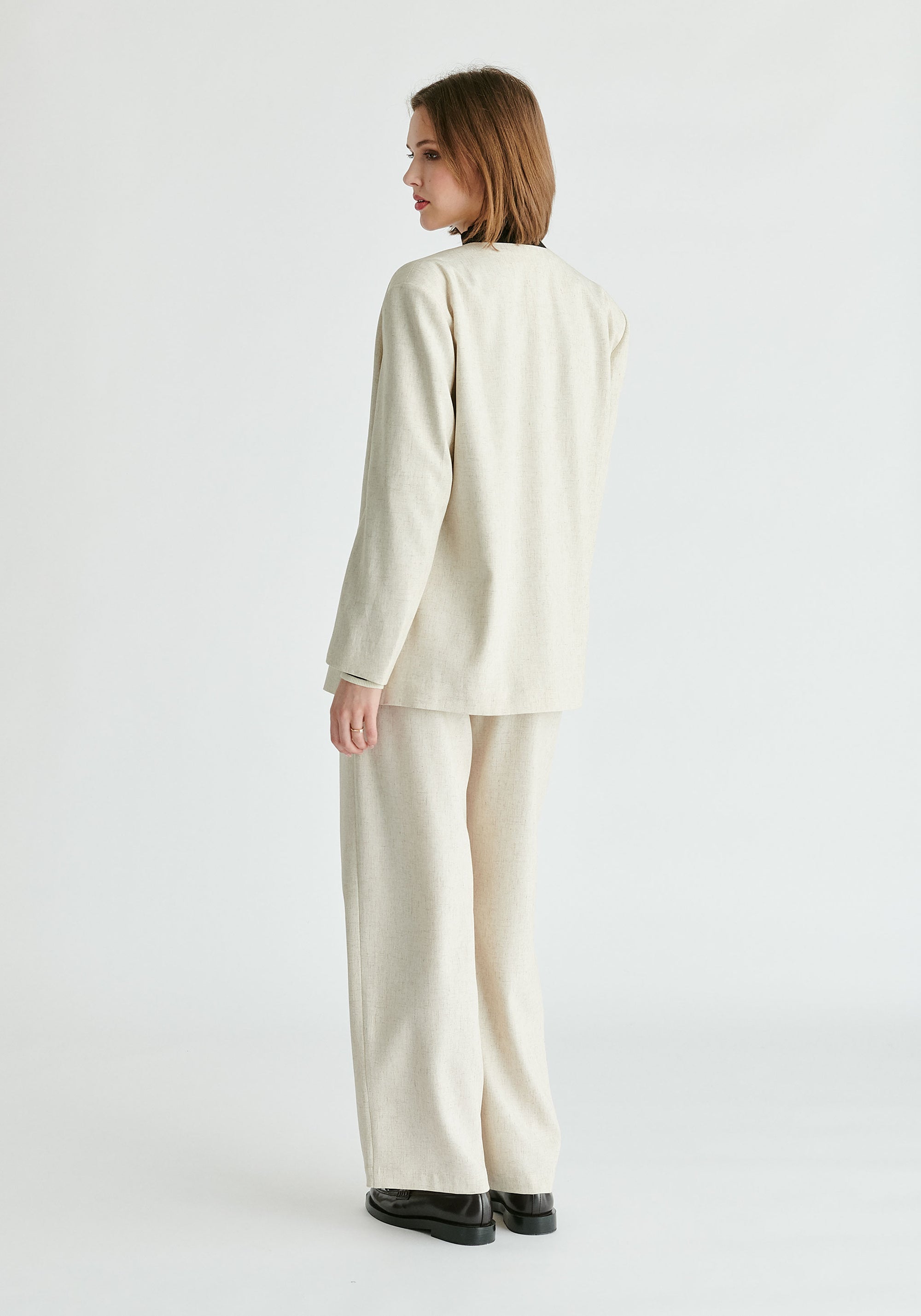 Drop Shoulder Double Breasted Blazer in Oatmeal Back