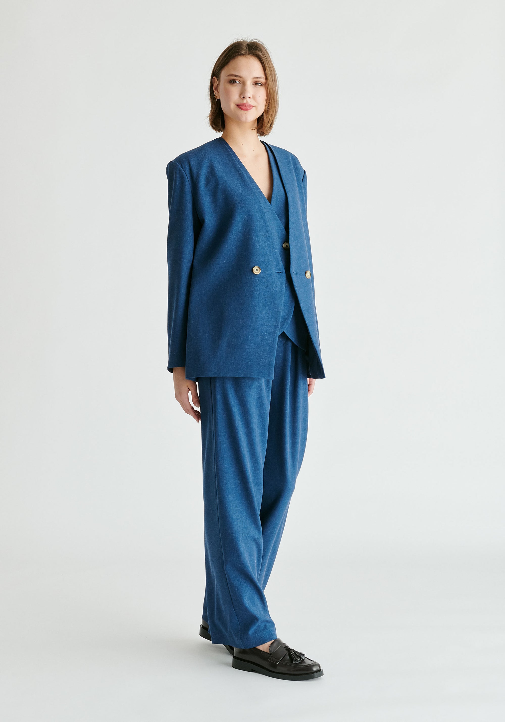 Drop Shoulder Double Breasted Blazer in Denim Blue Side