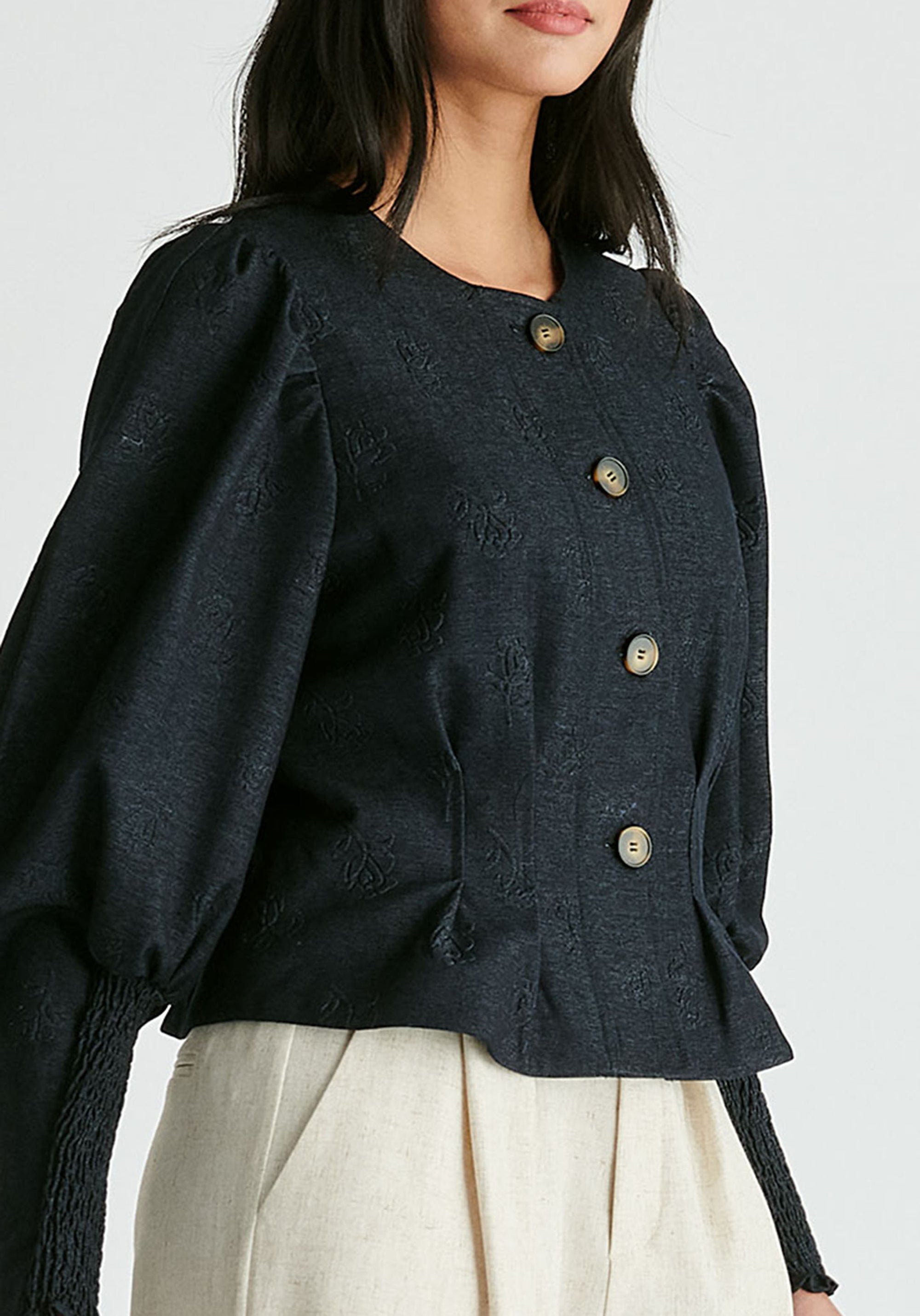 Denim Effect Jacket in Embossed Print in Dark Denim Blue Closeup