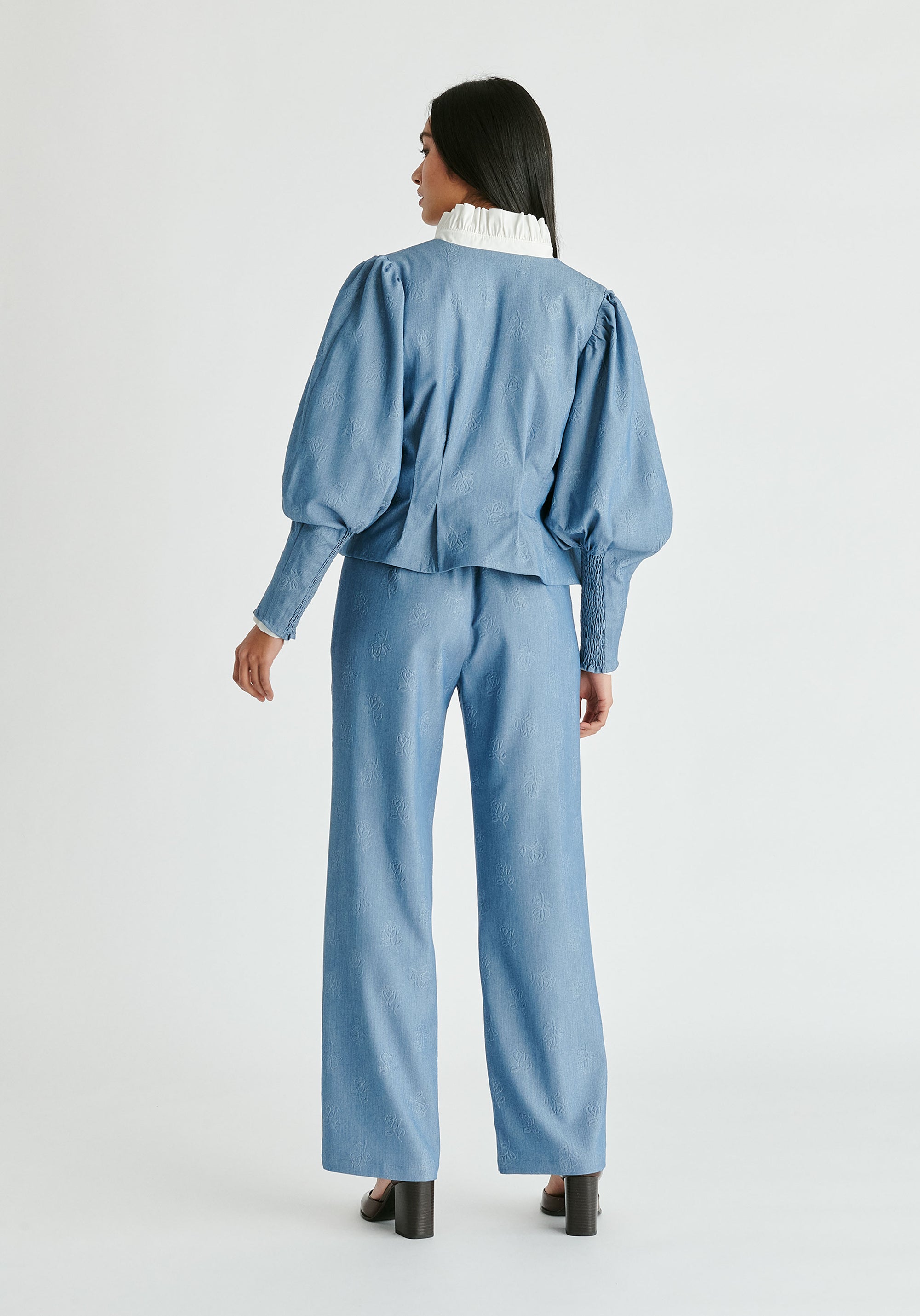 Denim Effect Jacket in Embossed Print in Light Denim Blue Back