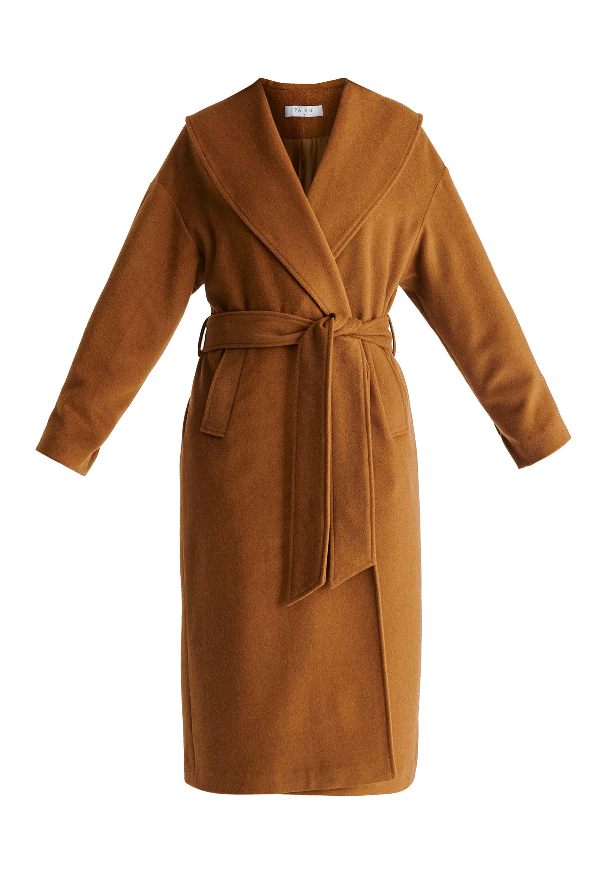 Shawl Collar Wool Coat with Belt in Camel Cutout