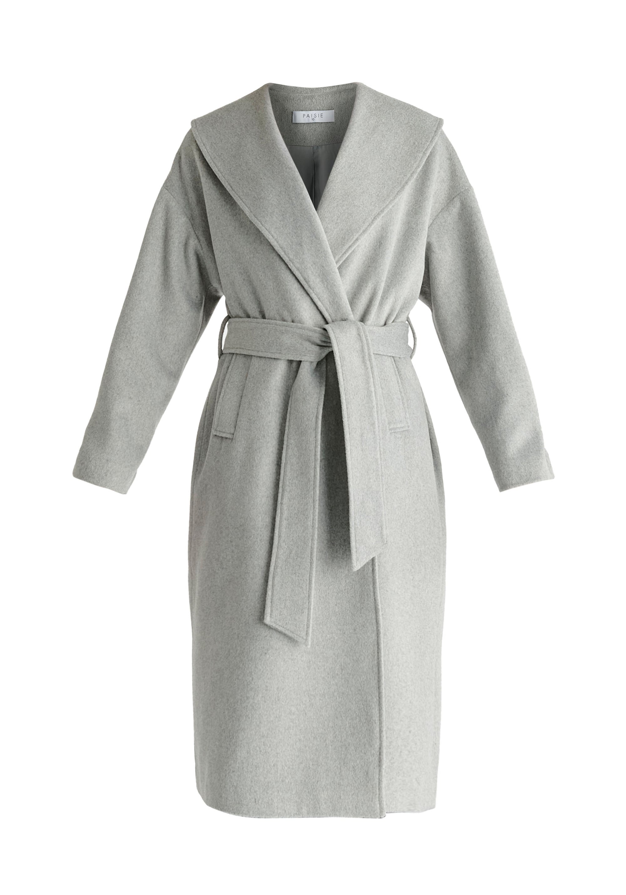 Shawl Collar Wool Coat with Belt in Light Grey Cutout