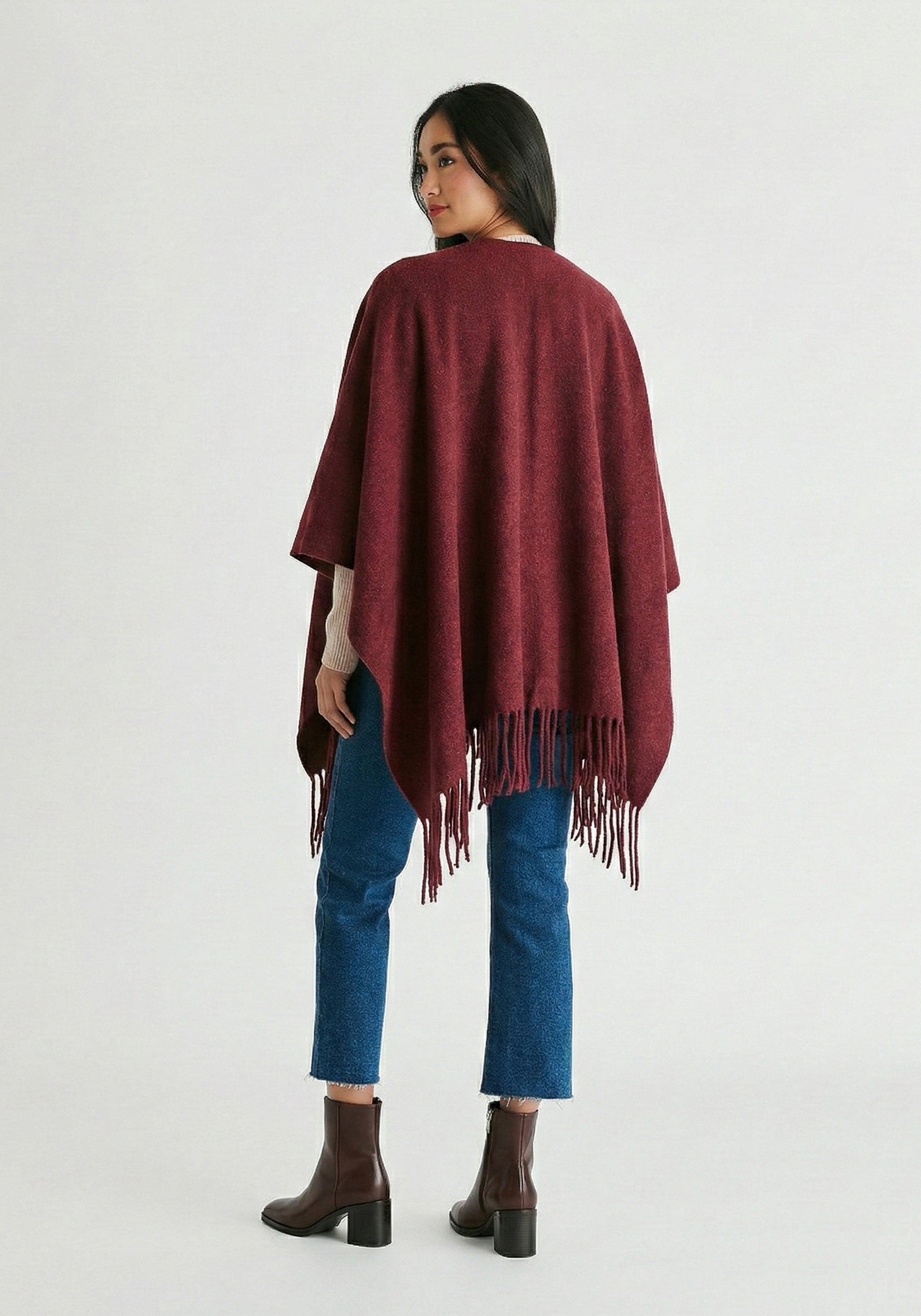 Poncho Scarf With Toggle Closure in Burgundy Back