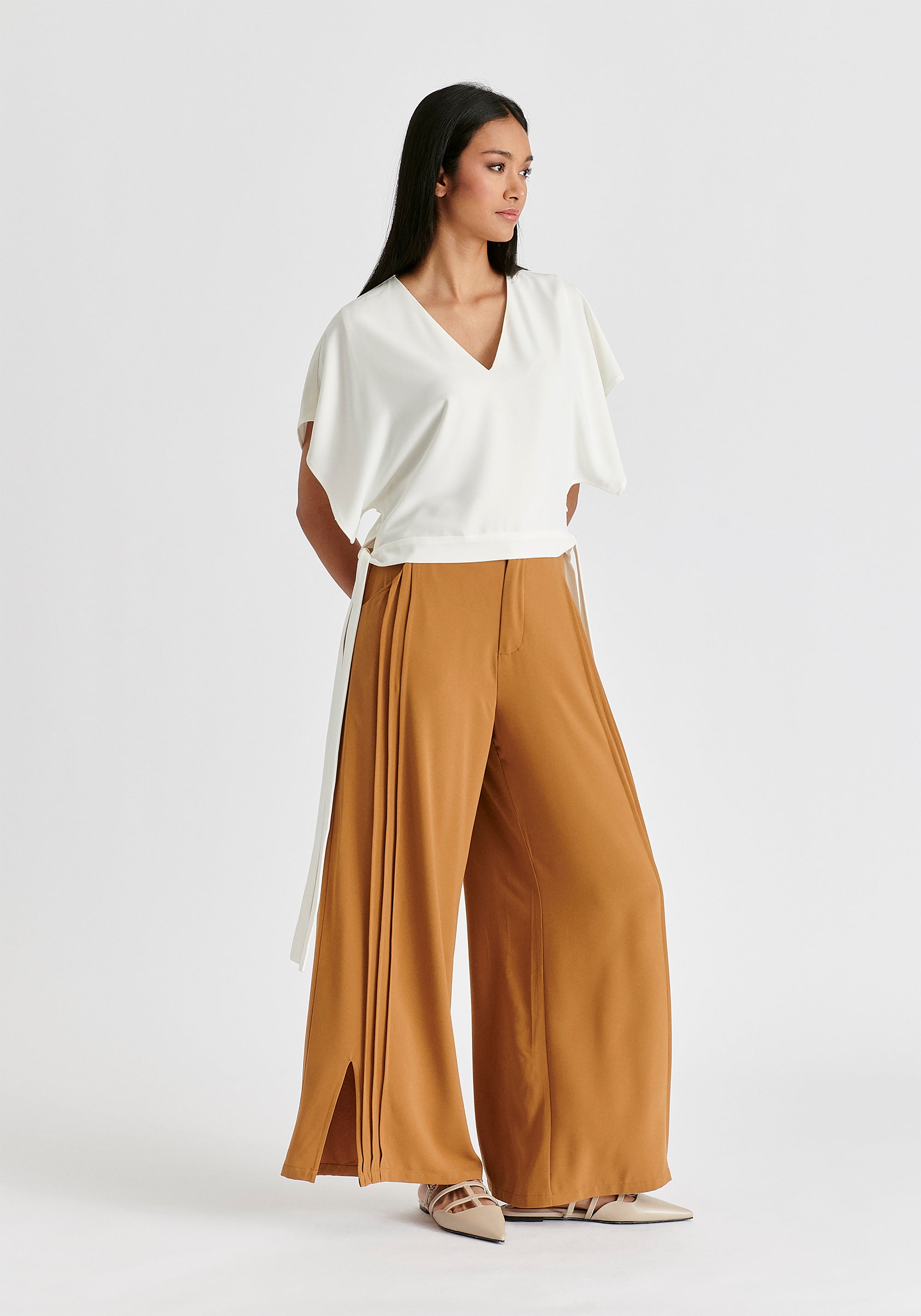 V-Neck Side Tie Top with Batwing Sleeves in White