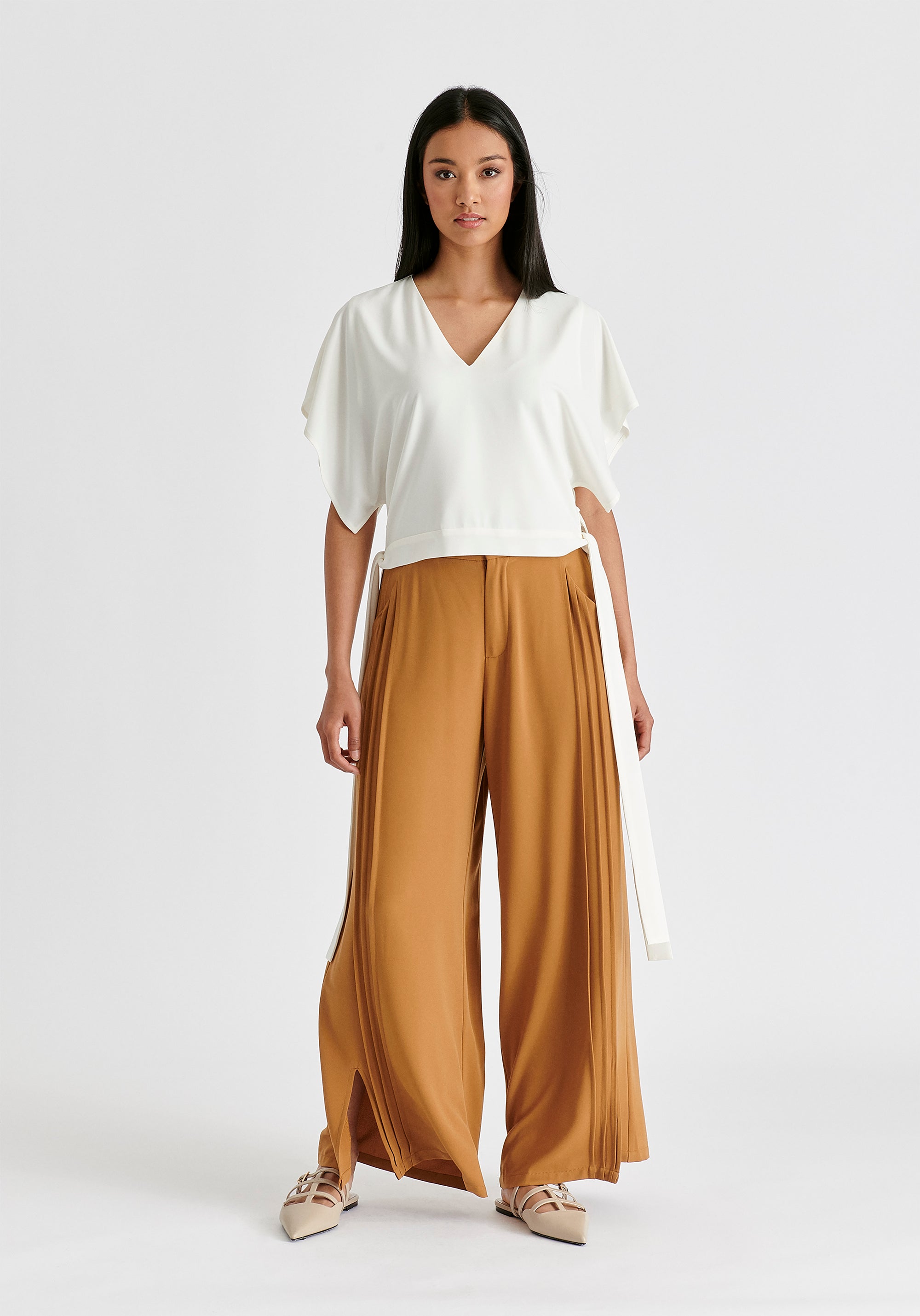 V-Neck Side Tie Top with Batwing Sleeves in White Front